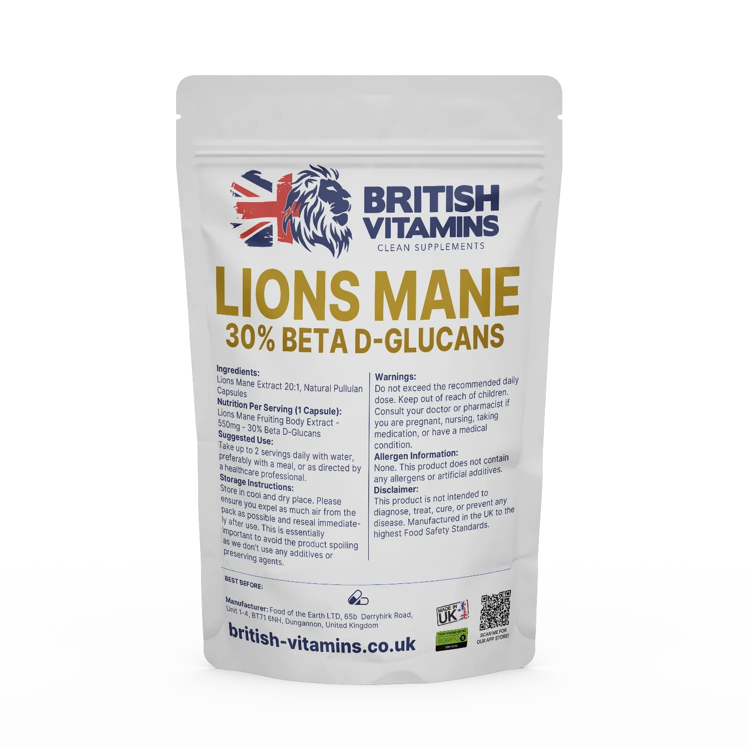Lions Mane 30% Beta Glucans 550mg Food Supplement British Vitamins 60 Capsules
