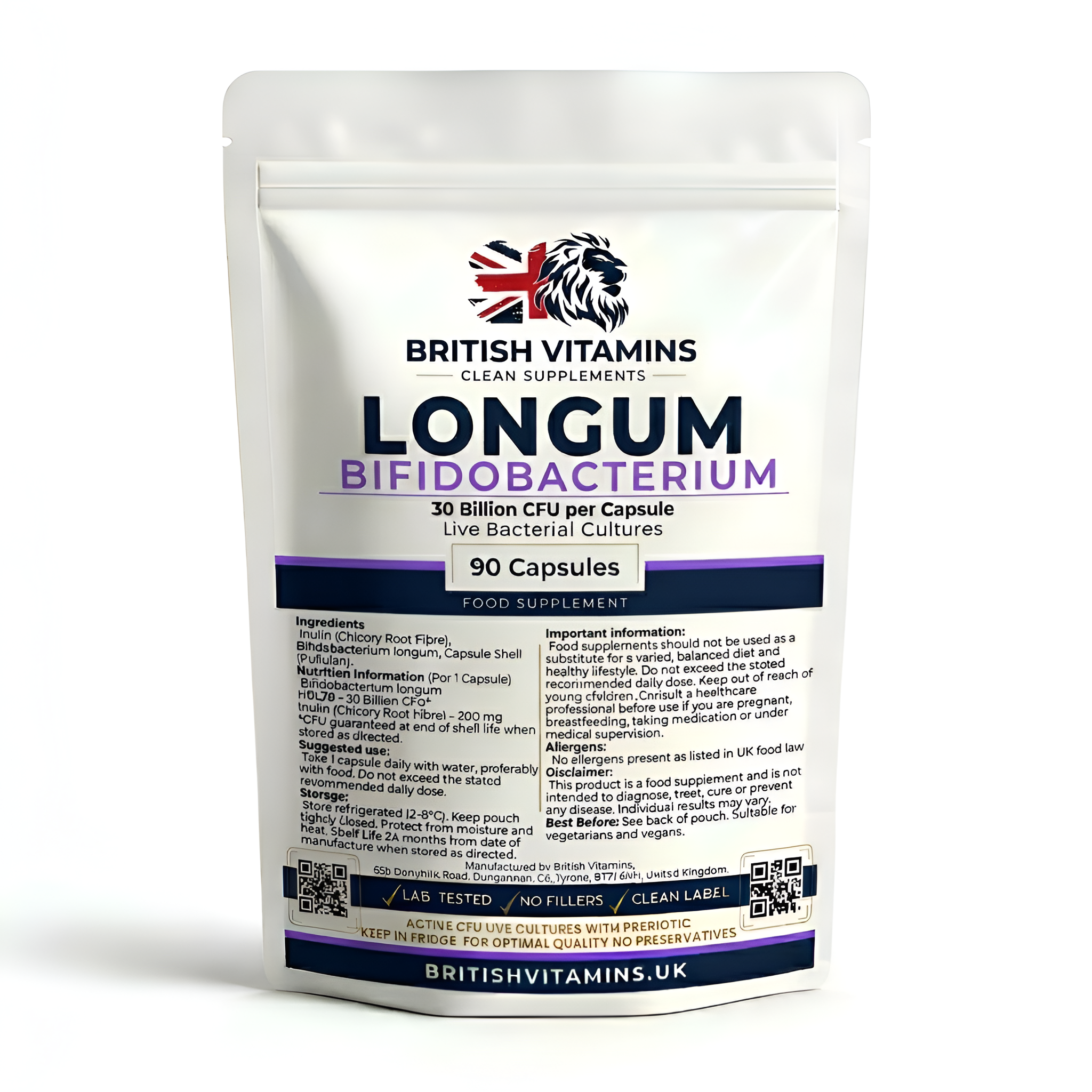 Supplement package of Longum Bifidobacterium by British Vitamins on a white background