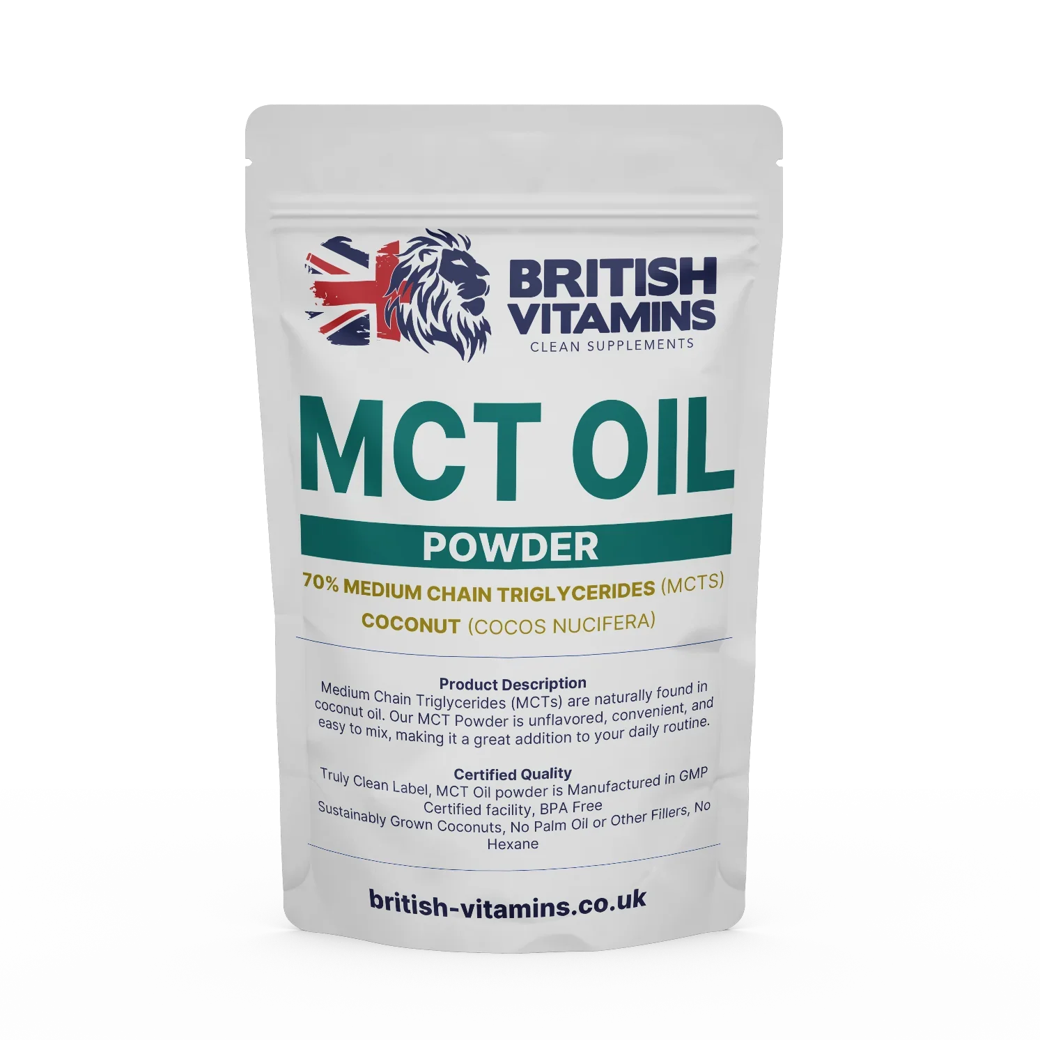 MCT Oil Powder Medium Chain Triglycerides from 100% Coconut Oil Clean-Label  250g - BritishVitaminsuk