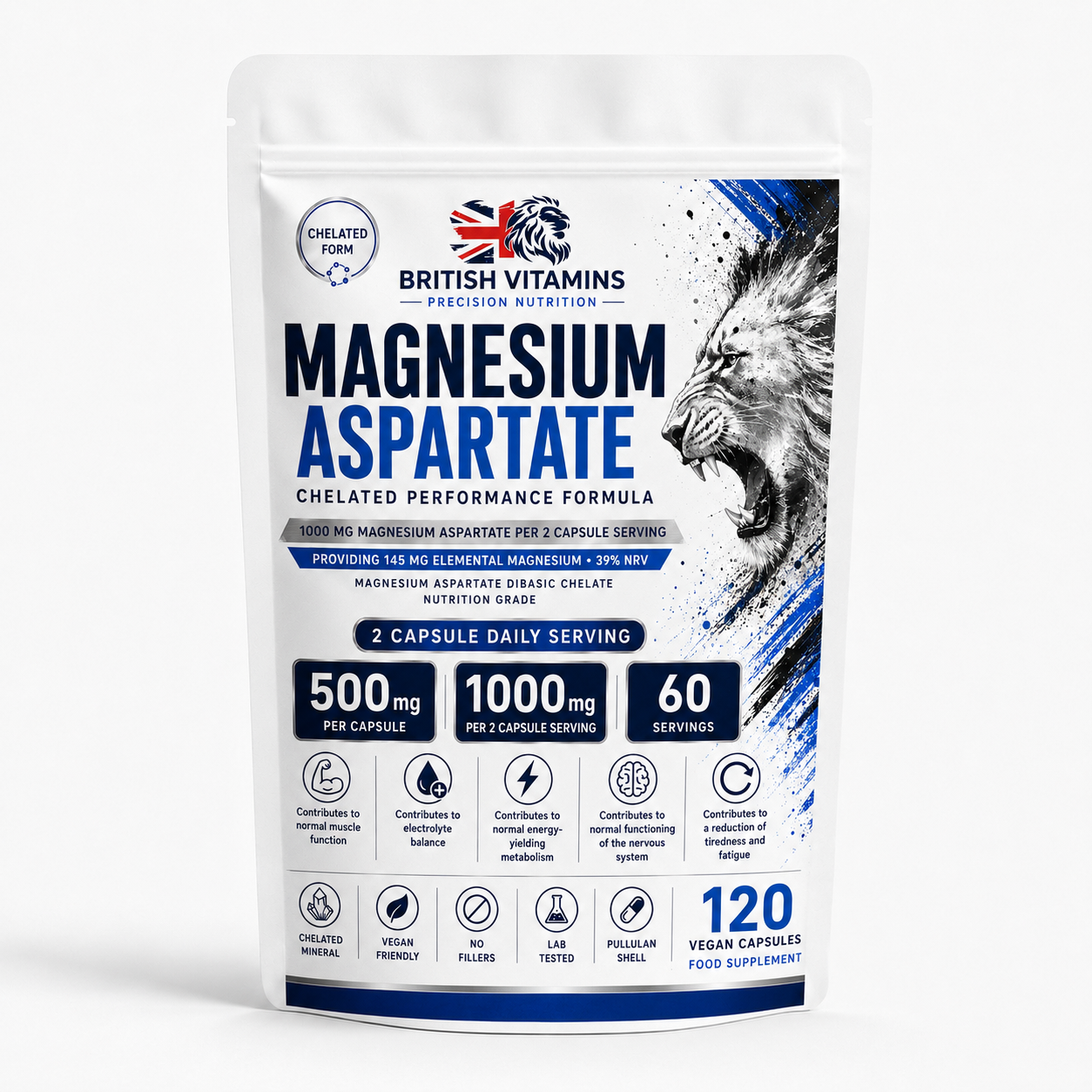 Magnesium Aspartate 500mg – 120 Vegan Capsules | British Vitamins