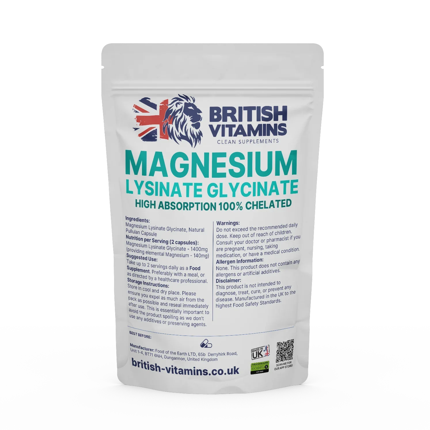Magnesium Lysinate -Glycinate Health & Beauty:Vitamins & Lifestyle Supplements:Vitamins & Minerals British Vitamins 60 Capsules ( 2 Months Supply )