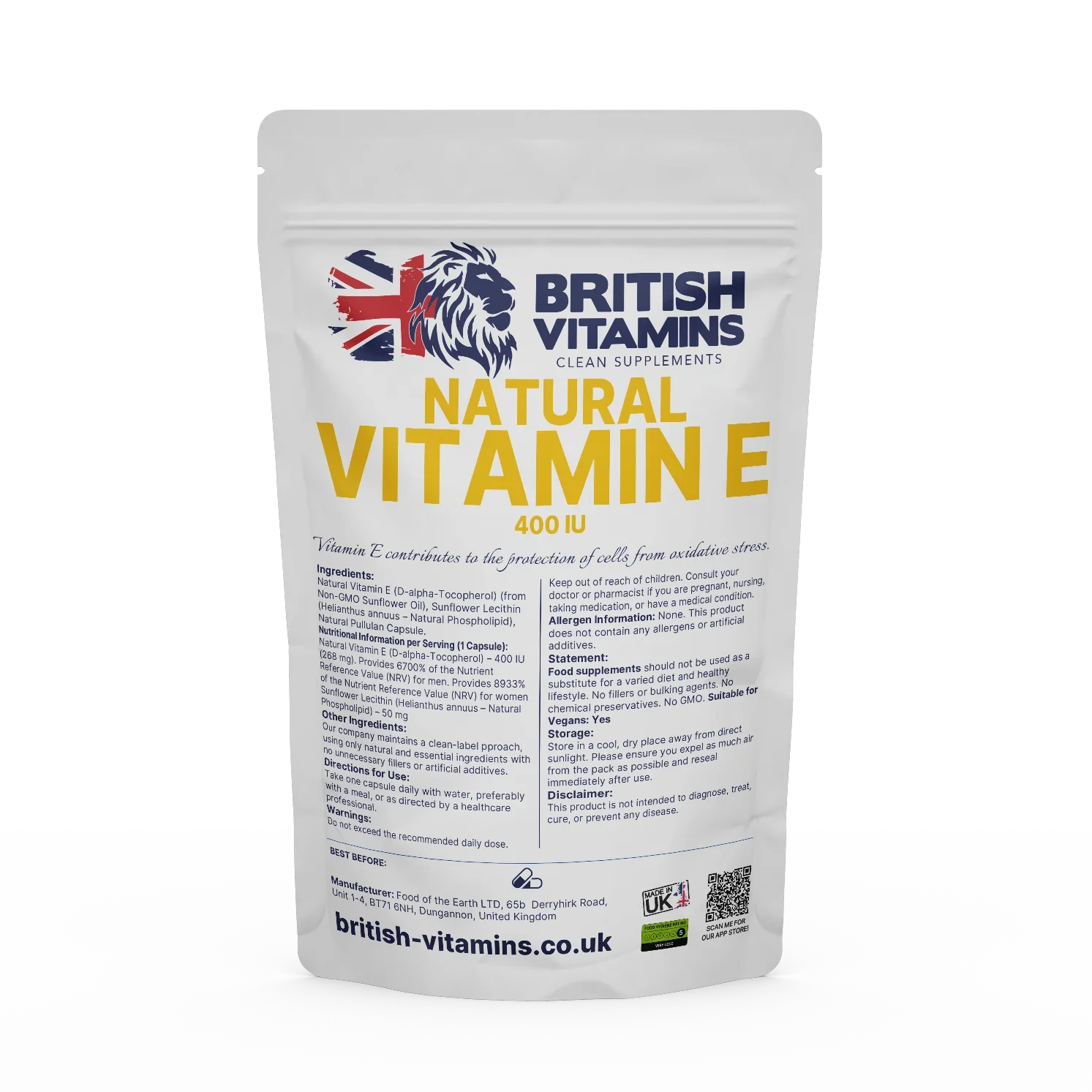 Natural Vitamin E 400IU 268 mg Vegan vi British Vitamins 90 Capsules