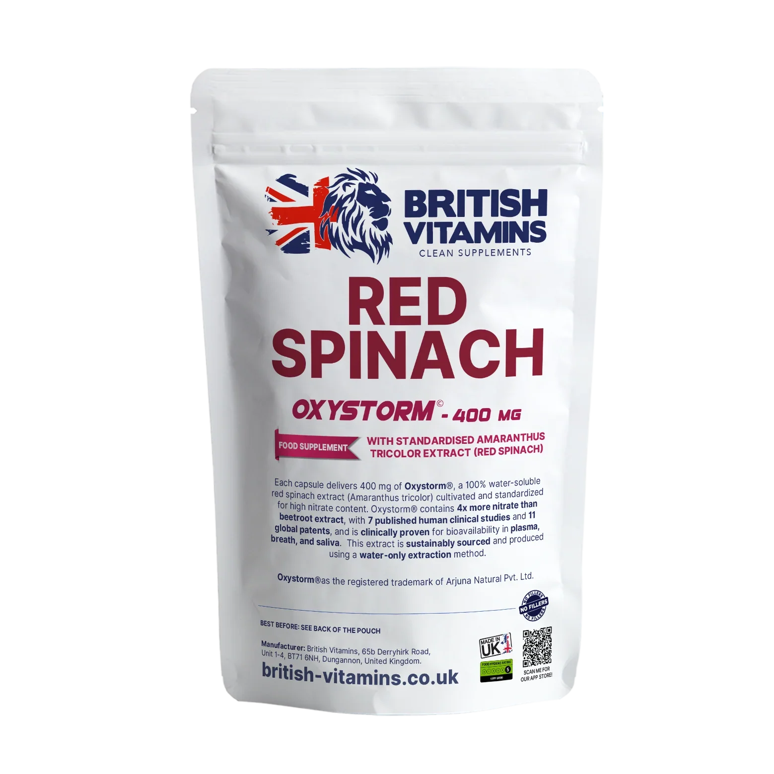 Oxystorm® Red Spinach Extract Natural Nitrate Source 10× More Potent Than Beetroot British Vitamins 60 Capsules