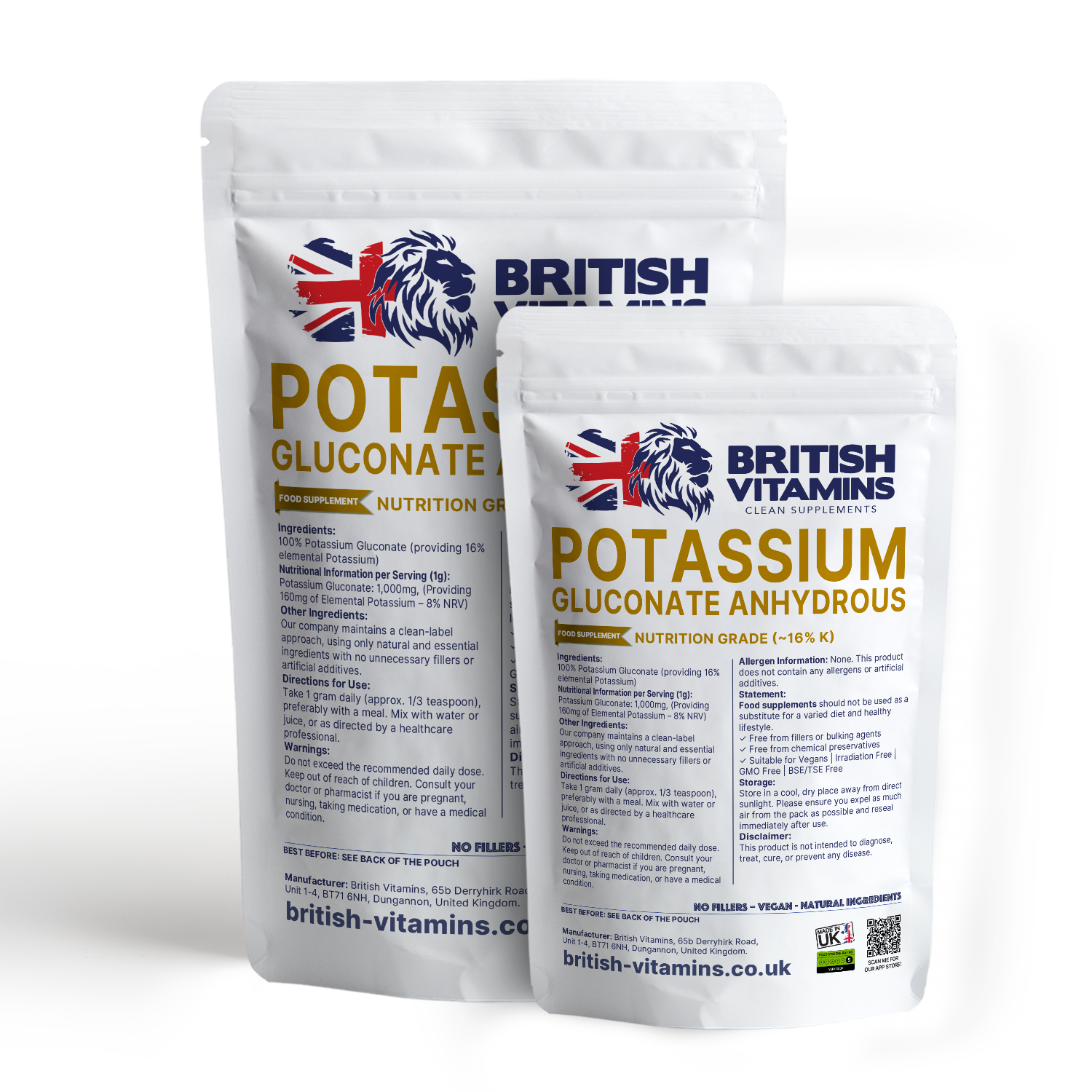 British Vitamins Potassium Gluconate Anhydrous food supplement pouches nutrition grade