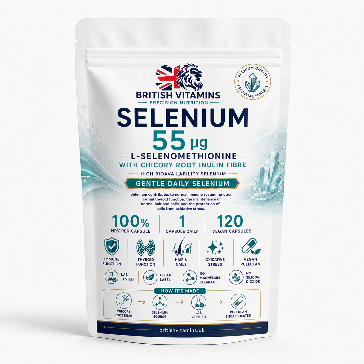 Selenium 55µg 100% NRV Capsules – L-Selenomethionine with Chicory Root Inulin Fibre