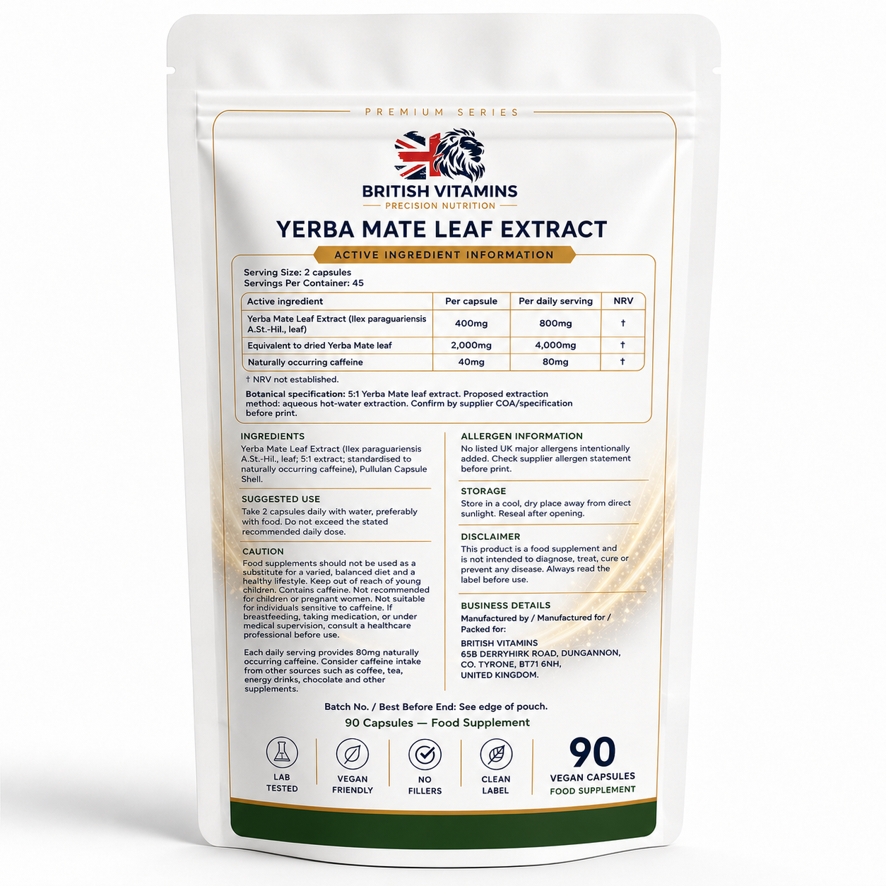 Yerba Mate Leaf Extract 800mg — 90 Vegan Capsules
