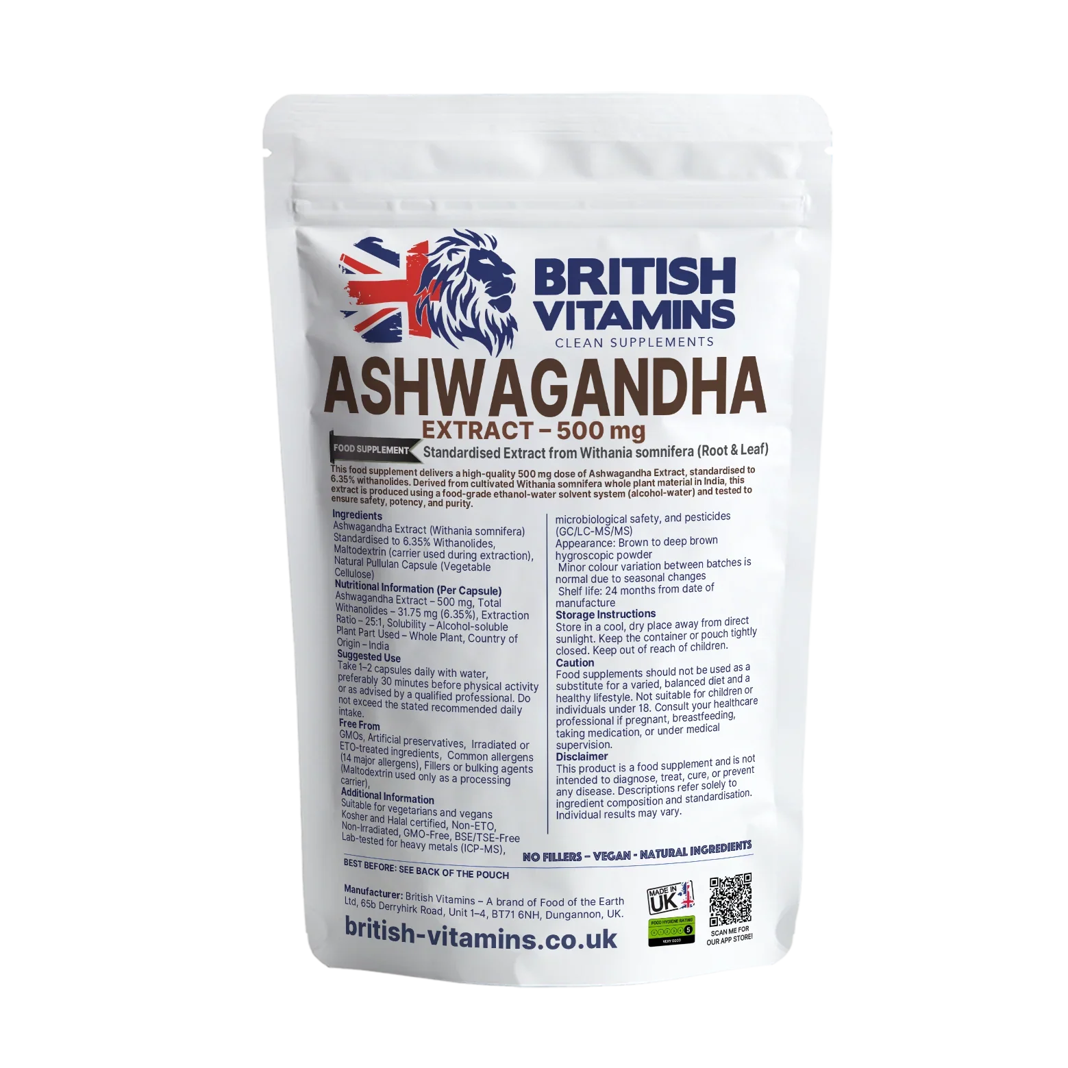 British Vitamins Ashwagandha Extract 500mg capsules food supplement pouch for natural wellness