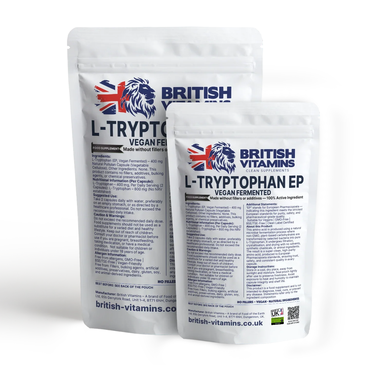 British Vitamins L-Tryptophan EP vegan fermented food supplement capsules pack