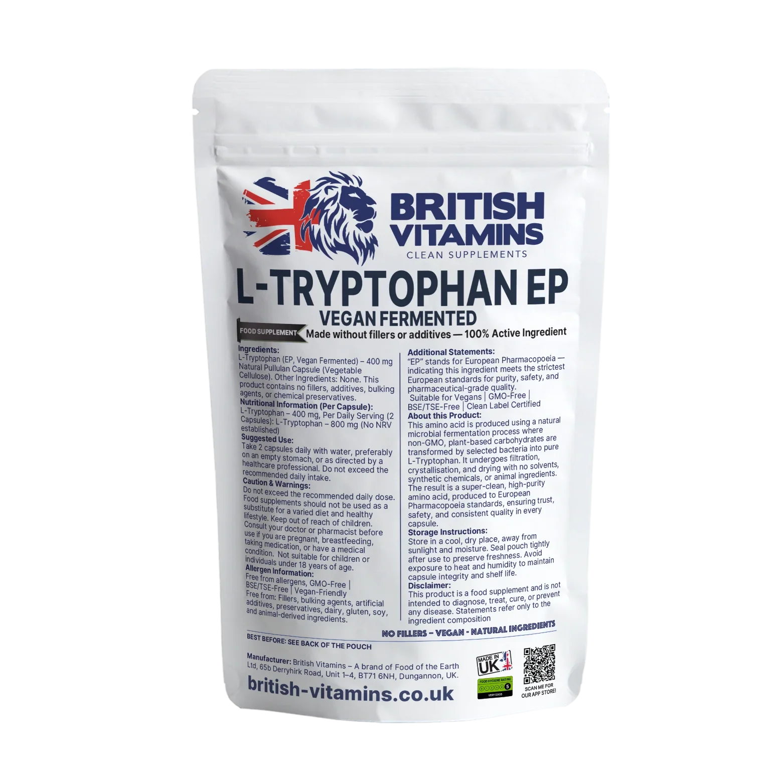 British Vitamins L-Tryptophan EP vegan fermented food supplement pouch from clean supplements collection