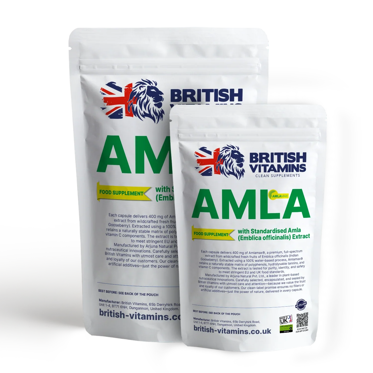British Vitamins Amla food supplement capsules in white pouches, plant-based health product