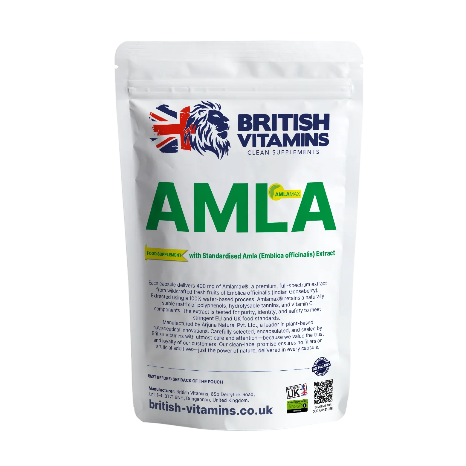 British Vitamins Amla Amlamax 400mg food supplement pouch, plant-based clean supplement