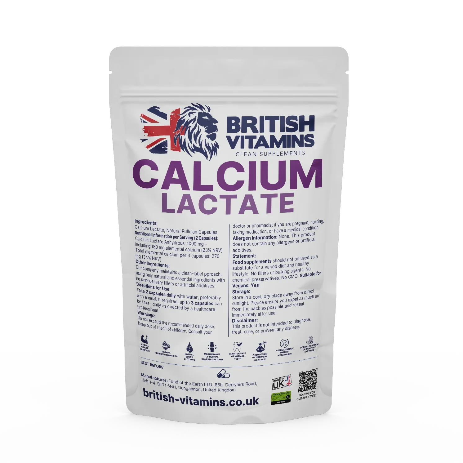 Calcium Lactate 1000mg 180mg Elemental Calcium Clean-Label British Vitamins 60 Capsules