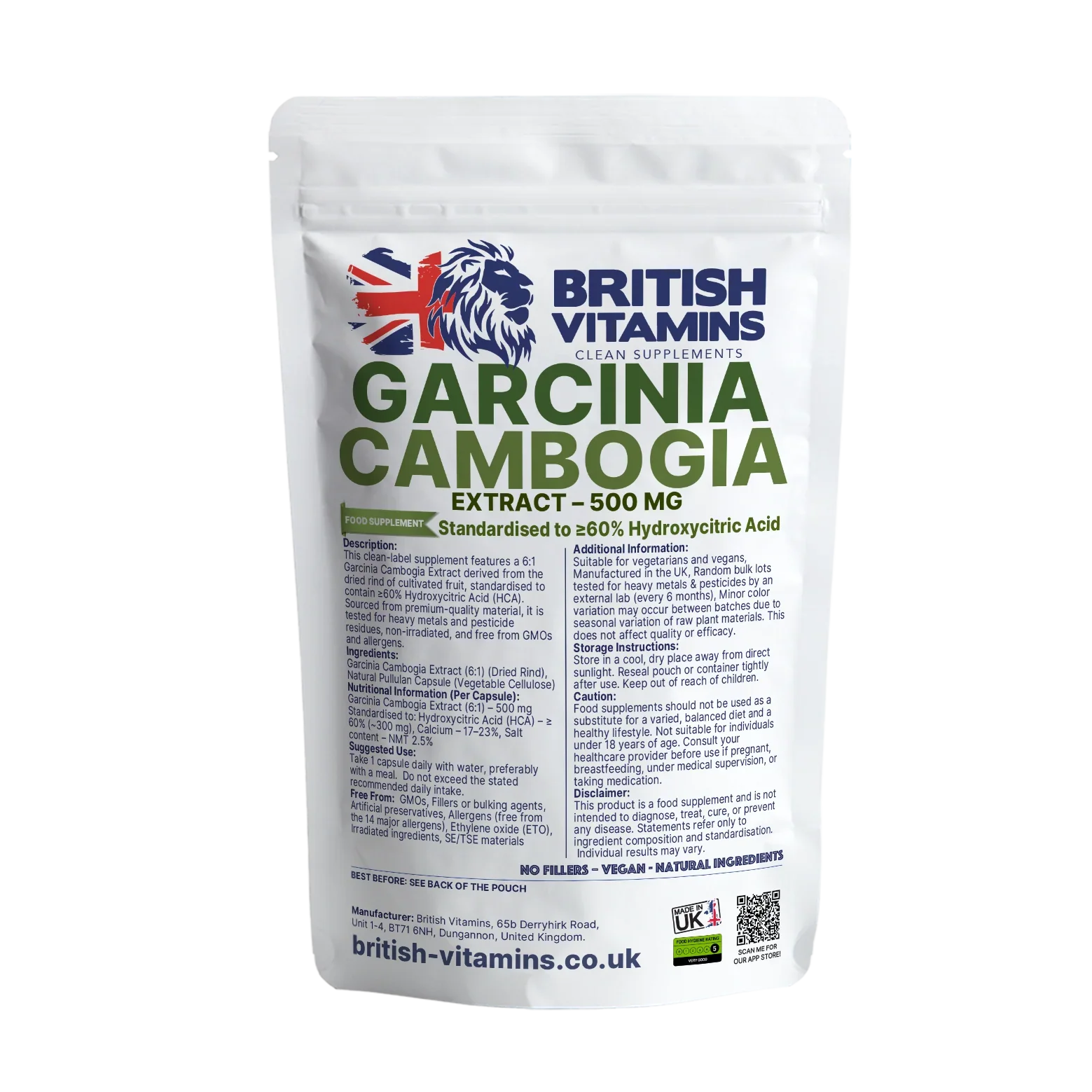 British Vitamins Garcinia Cambogia Extract 500mg food supplement pouch, clean supplements category