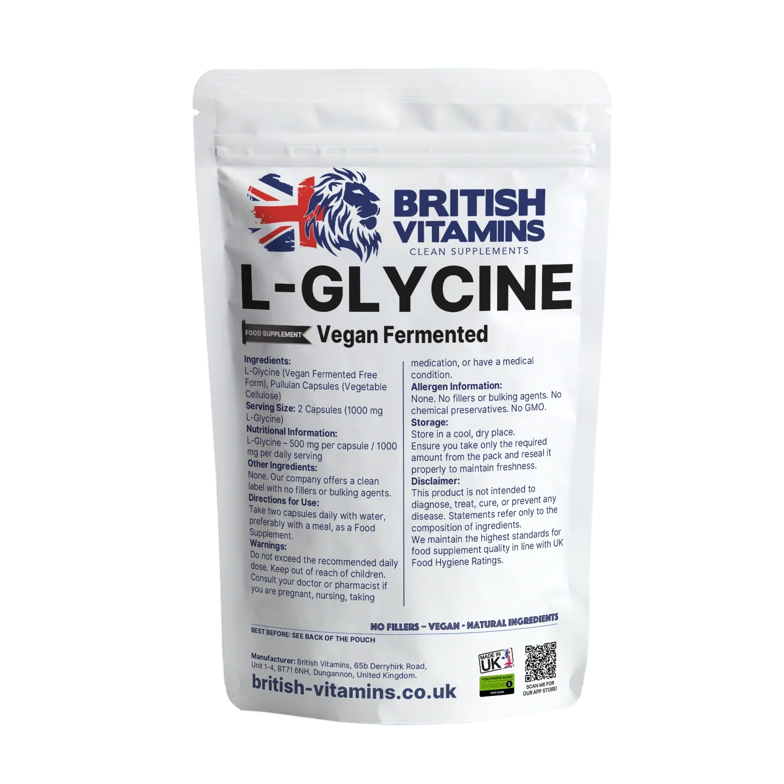 British Vitamins L-Glycine 60 capsules vegan fermented food supplement pouch from clean supplements collection