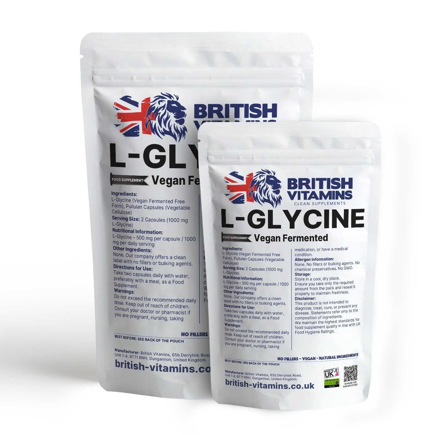 British Vitamins L-Glycine vegan fermented capsules food supplement pouch