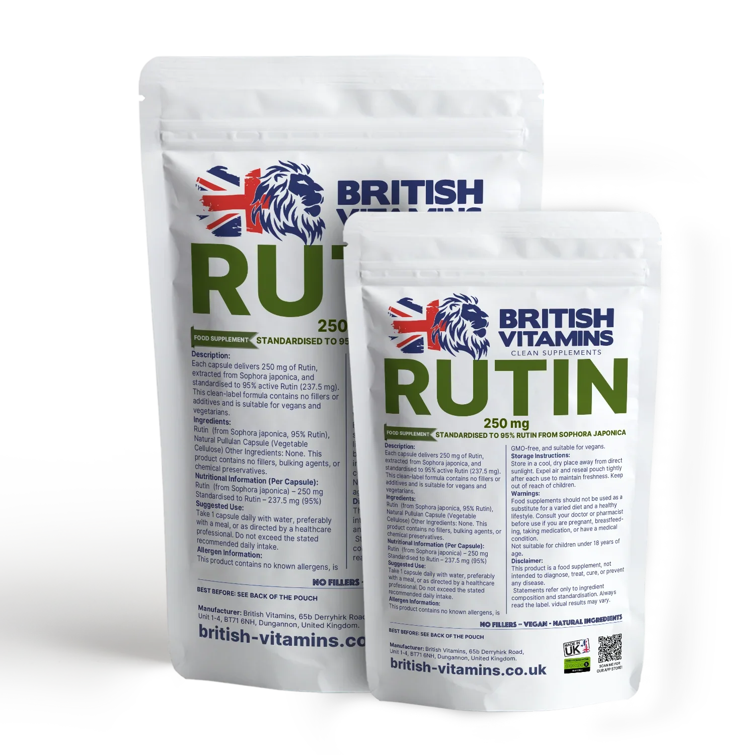 British Vitamins Rutin 250mg capsules food supplement in white resealable pouches from clean supplements collection