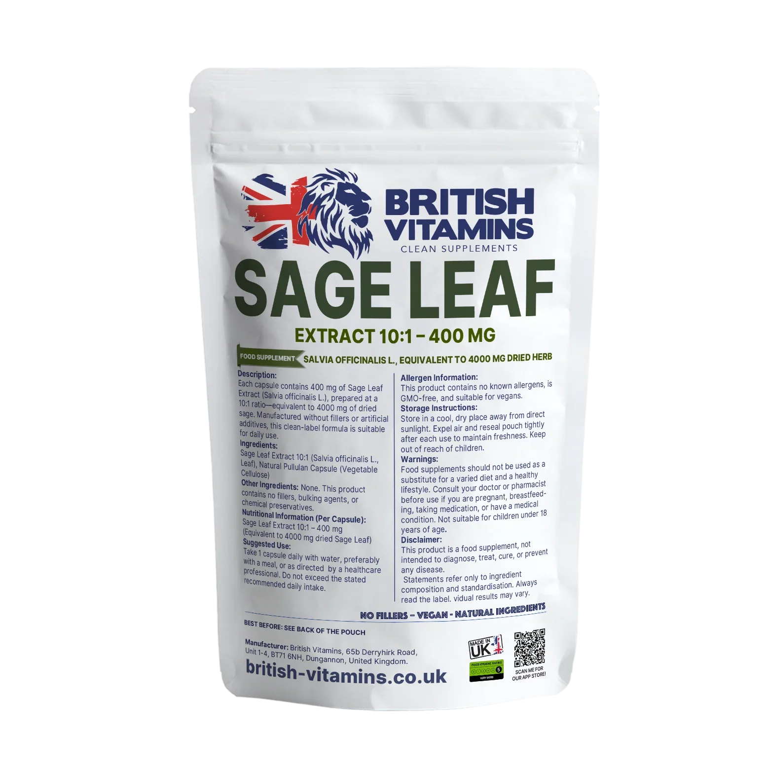 British Vitamins Sage Leaf Extract 10:1 400 mg capsule food supplement in resealable pouch