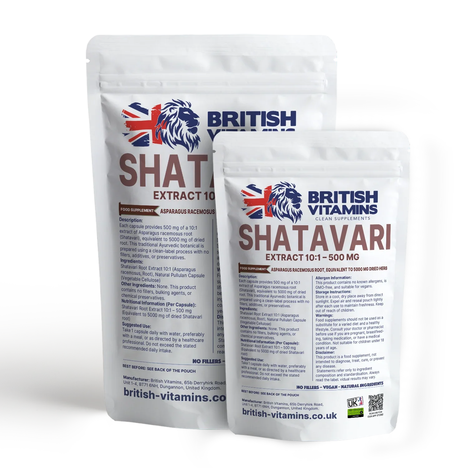 British Vitamins Shatavari root extract 10:1 capsules food supplement two white resealable pouches