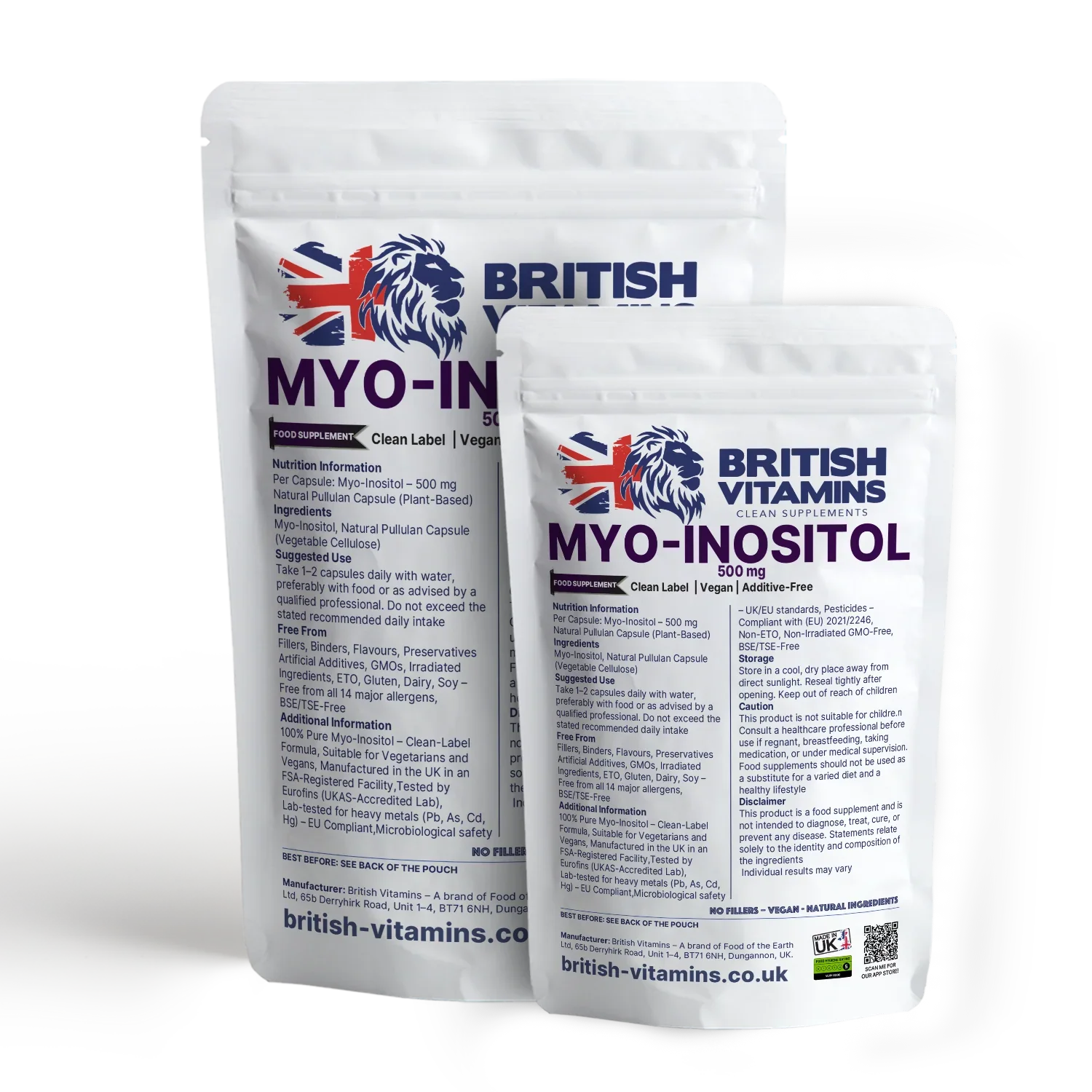 British Vitamins Myo-Inositol 500mg food supplement capsules, vegan clean label, natural ingredients
