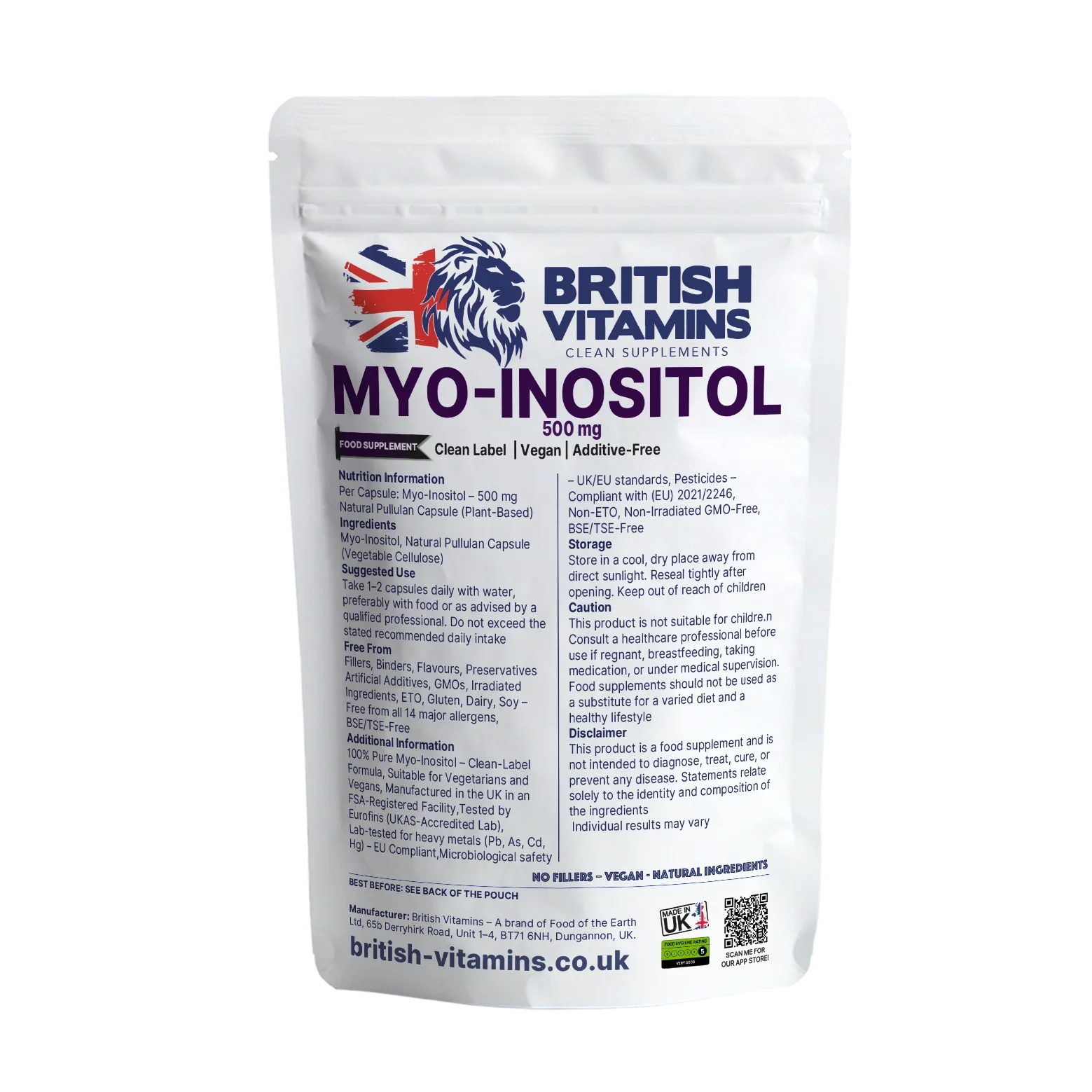 British Vitamins Myo-Inositol 500 mg food supplement pouch clean label vegan additive-free capsules