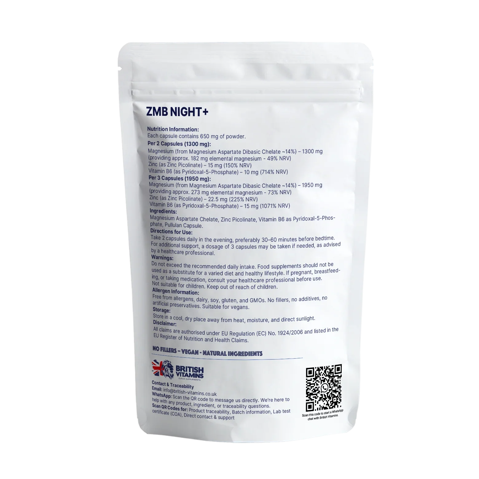 British Vitamins ZMB Night+ food supplement 90 capsules pouch with nutrition and usage information
