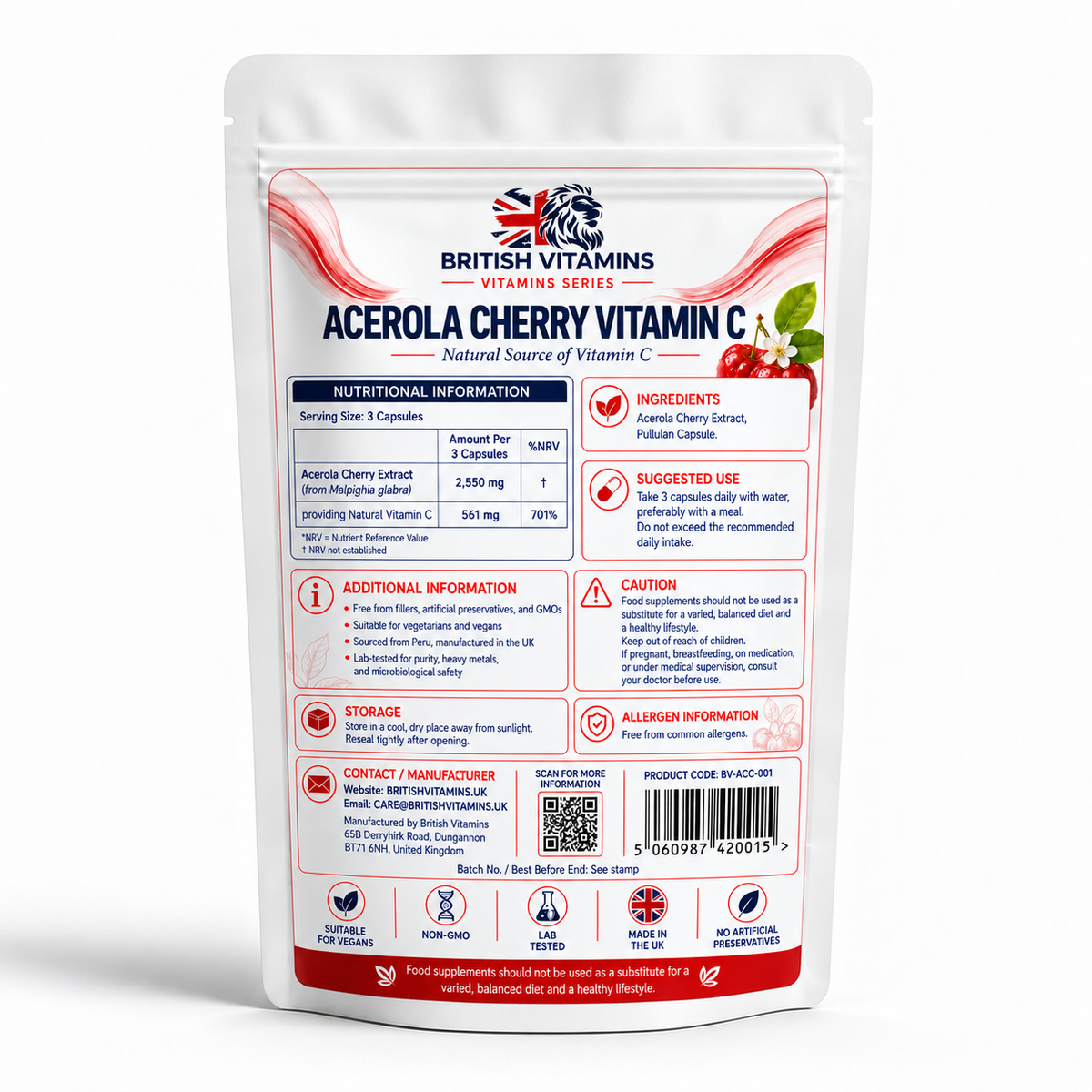 British Vitamins Acerola Cherry Vitamin C – back label