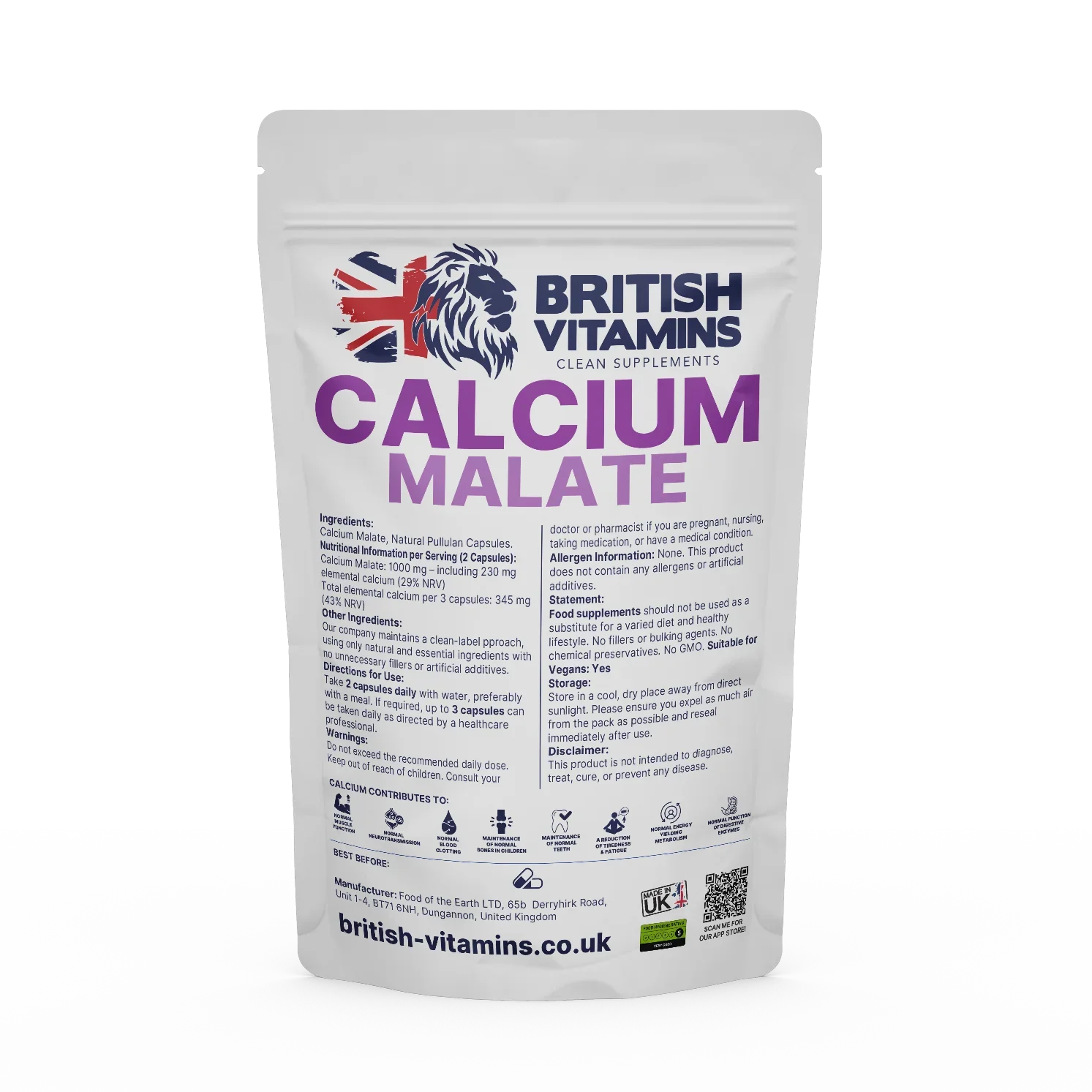 British Vitamins Calcium Malate food supplement pouch, clean supplements, 60 capsules