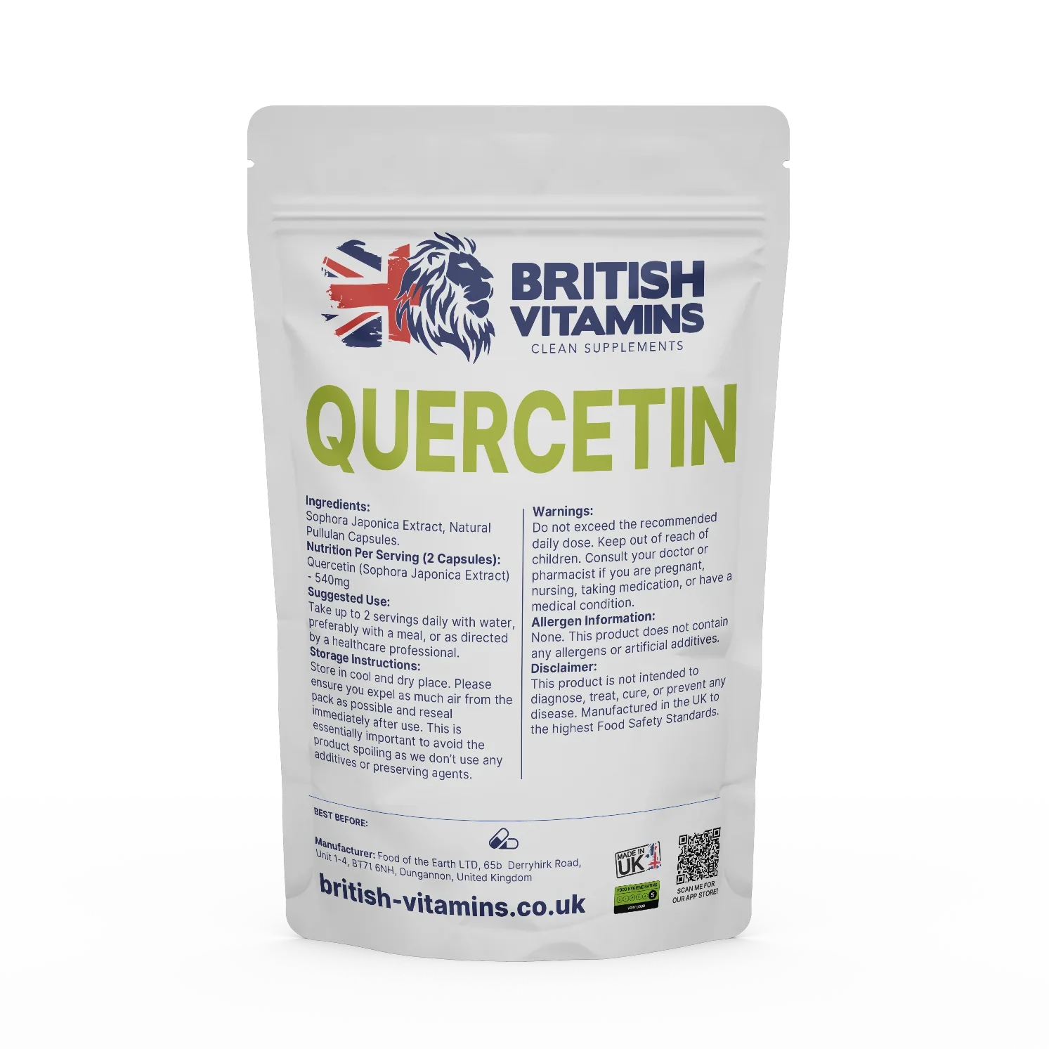 British Vitamins Quercetin 540mg food supplement capsules from clean supplements collection