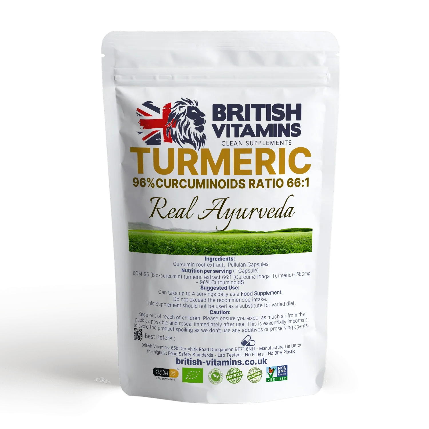 British Vitamins Turmeric food supplement pouch with 30 capsules, clean supplements Ayurveda collection