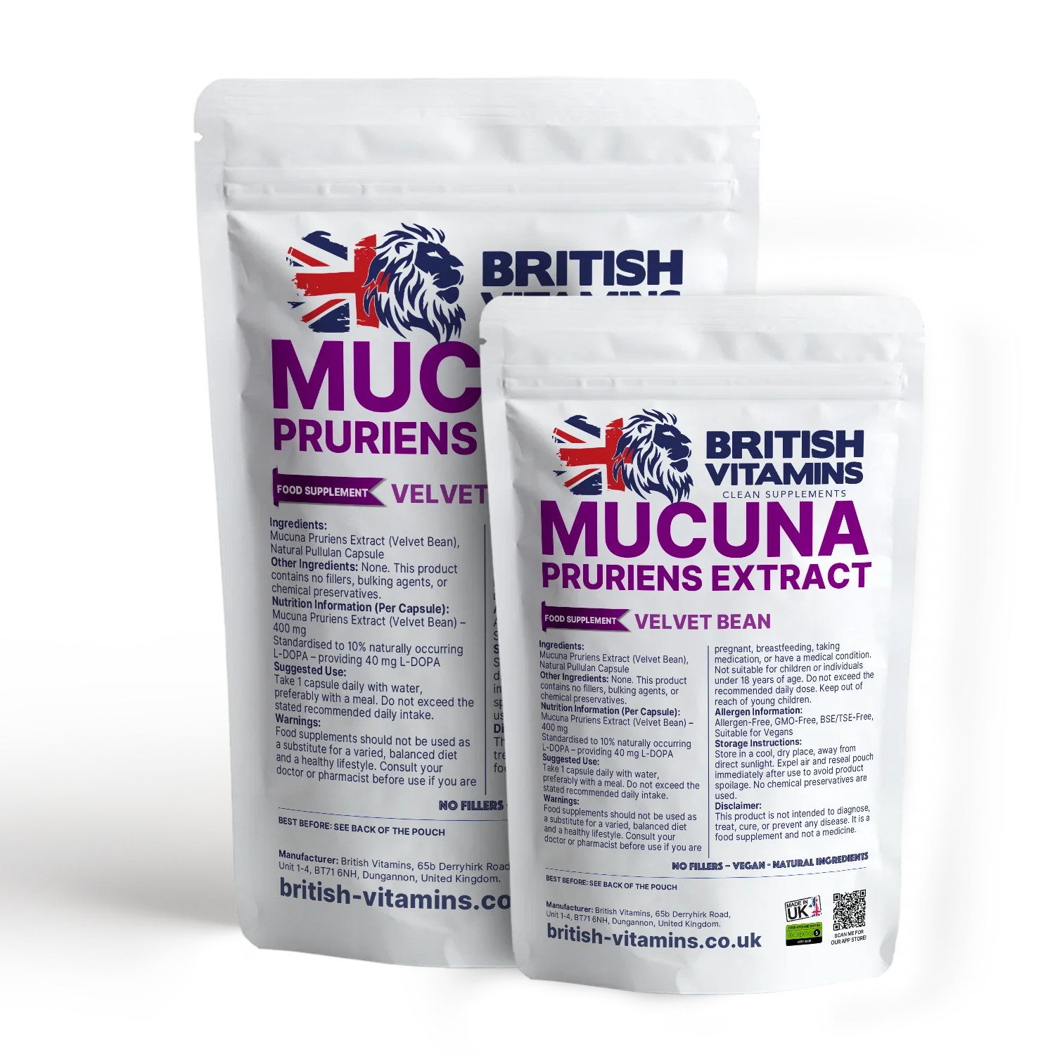 British Vitamins Mucuna Pruriens Extract Velvet Bean food supplement pouches, natural capsules