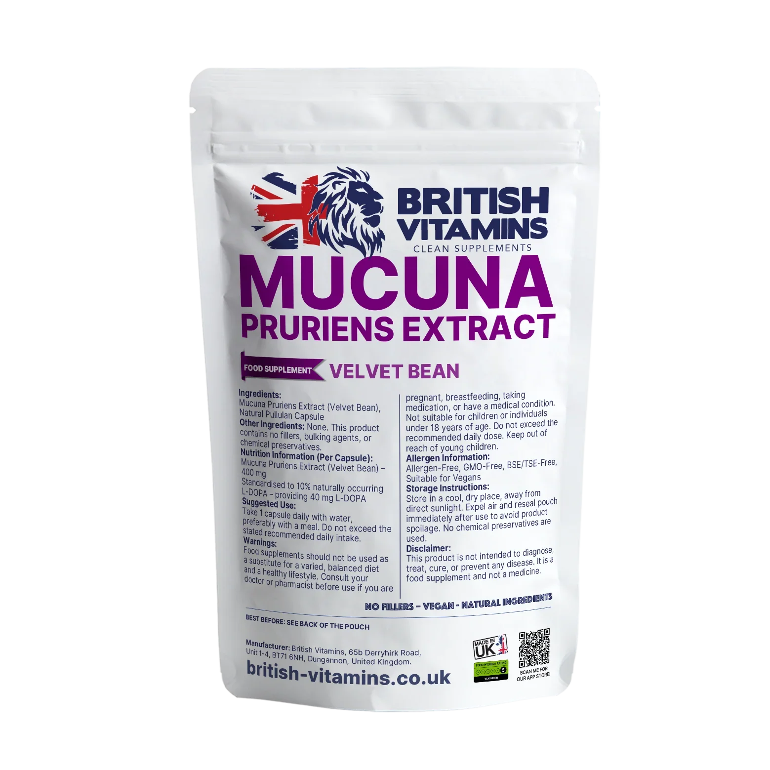 British Vitamins Mucuna Pruriens Extract Velvet Bean food supplement pouch, natural vegan capsules