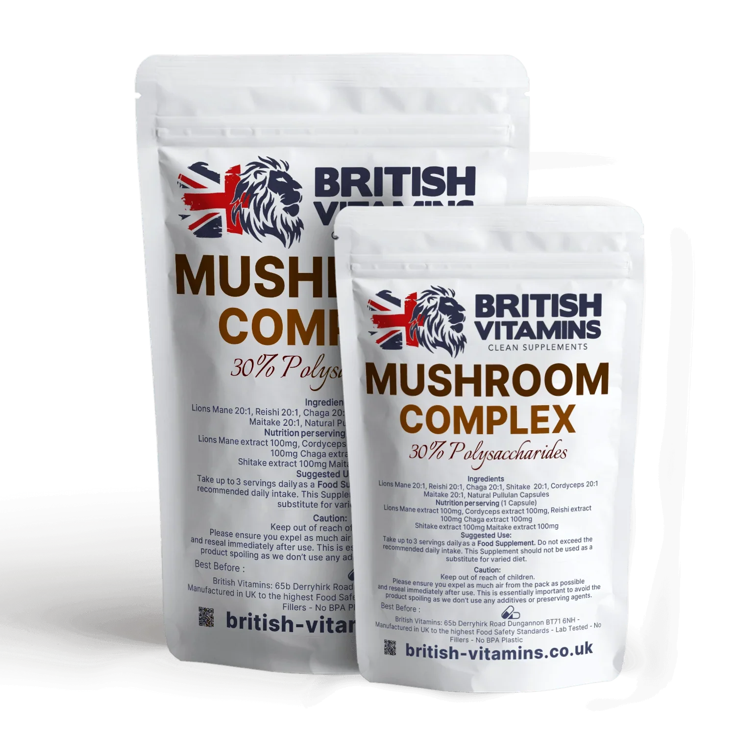 British Vitamins Mushroom Complex food supplement pouches with 30% polysaccharides from mushroom extract collection