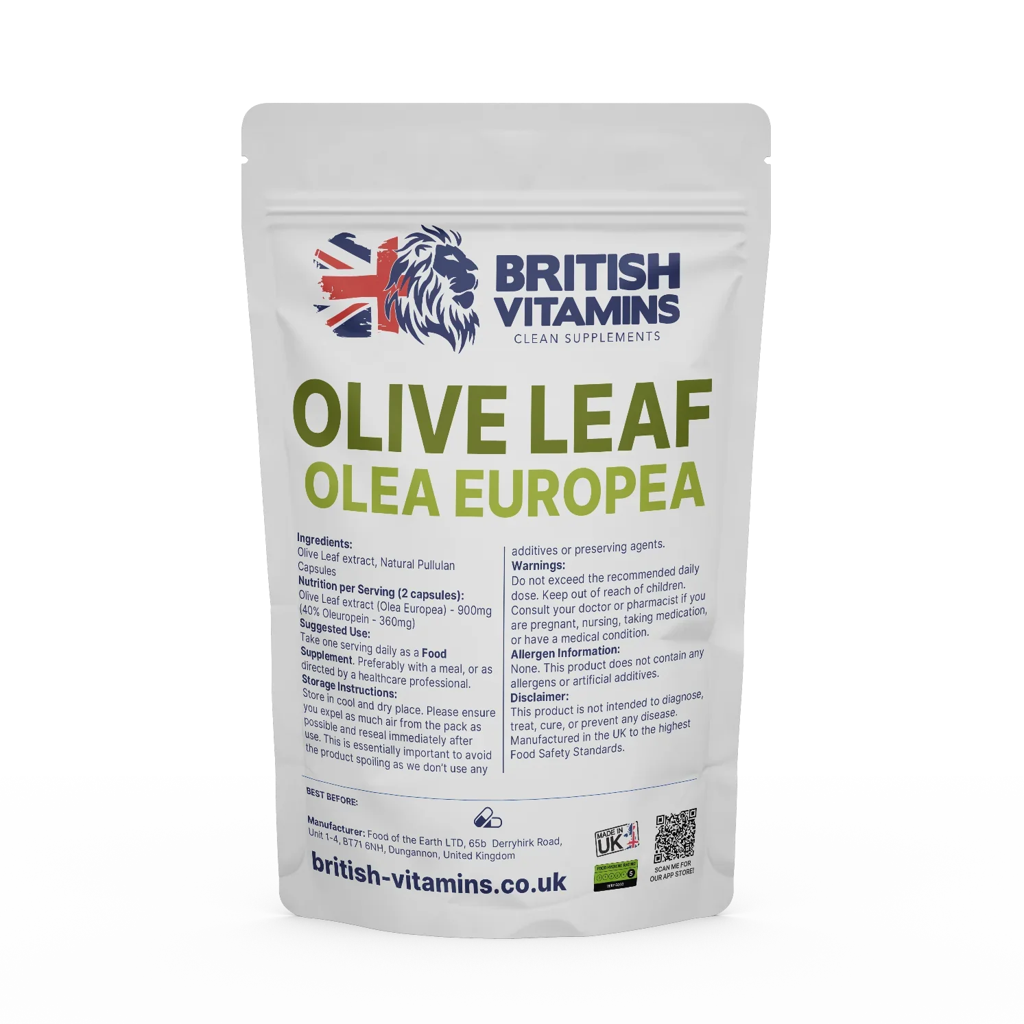 British Vitamins Olive Leaf Olea Europea food supplement package with clean supplements branding