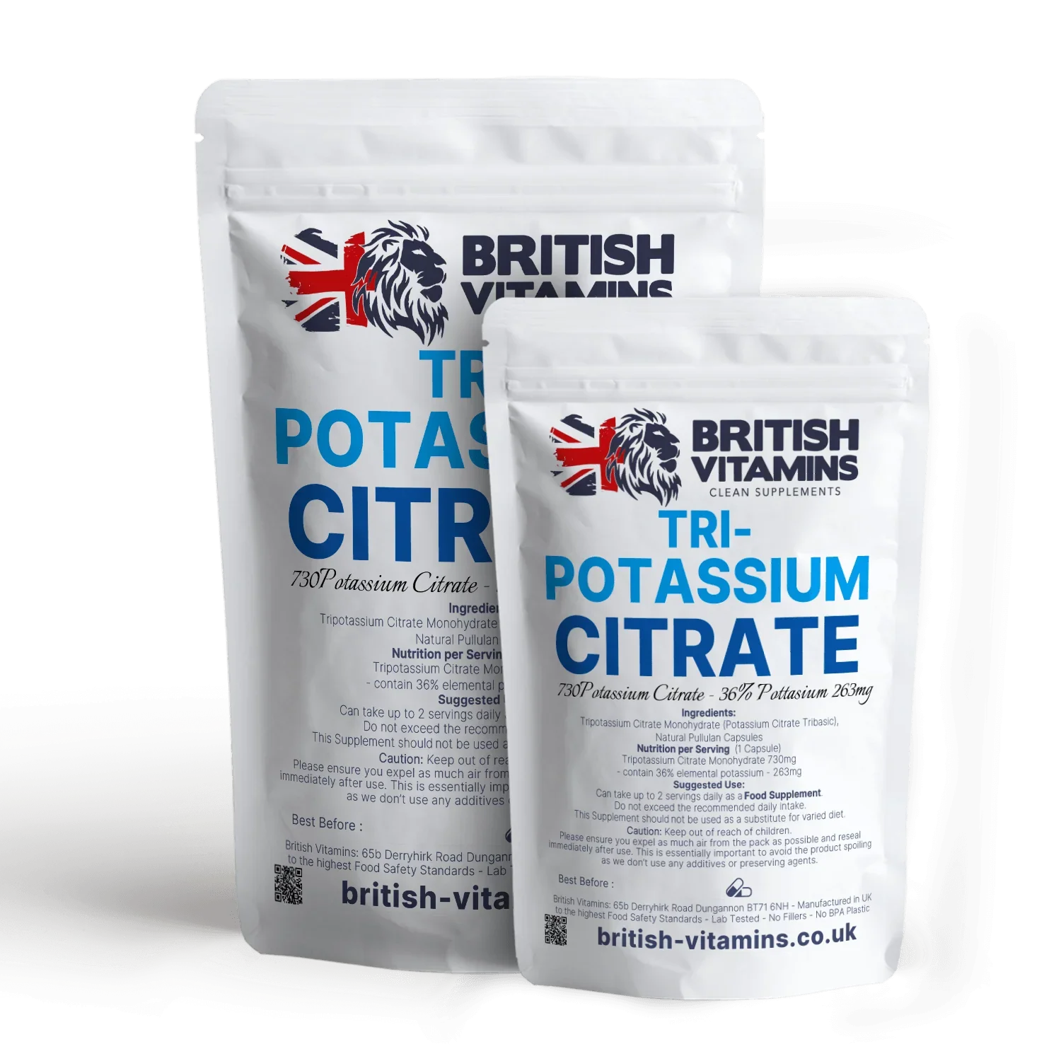 British Vitamins Tri-Potassium Citrate food supplement capsules in resealable white pouches from clean supplements collection