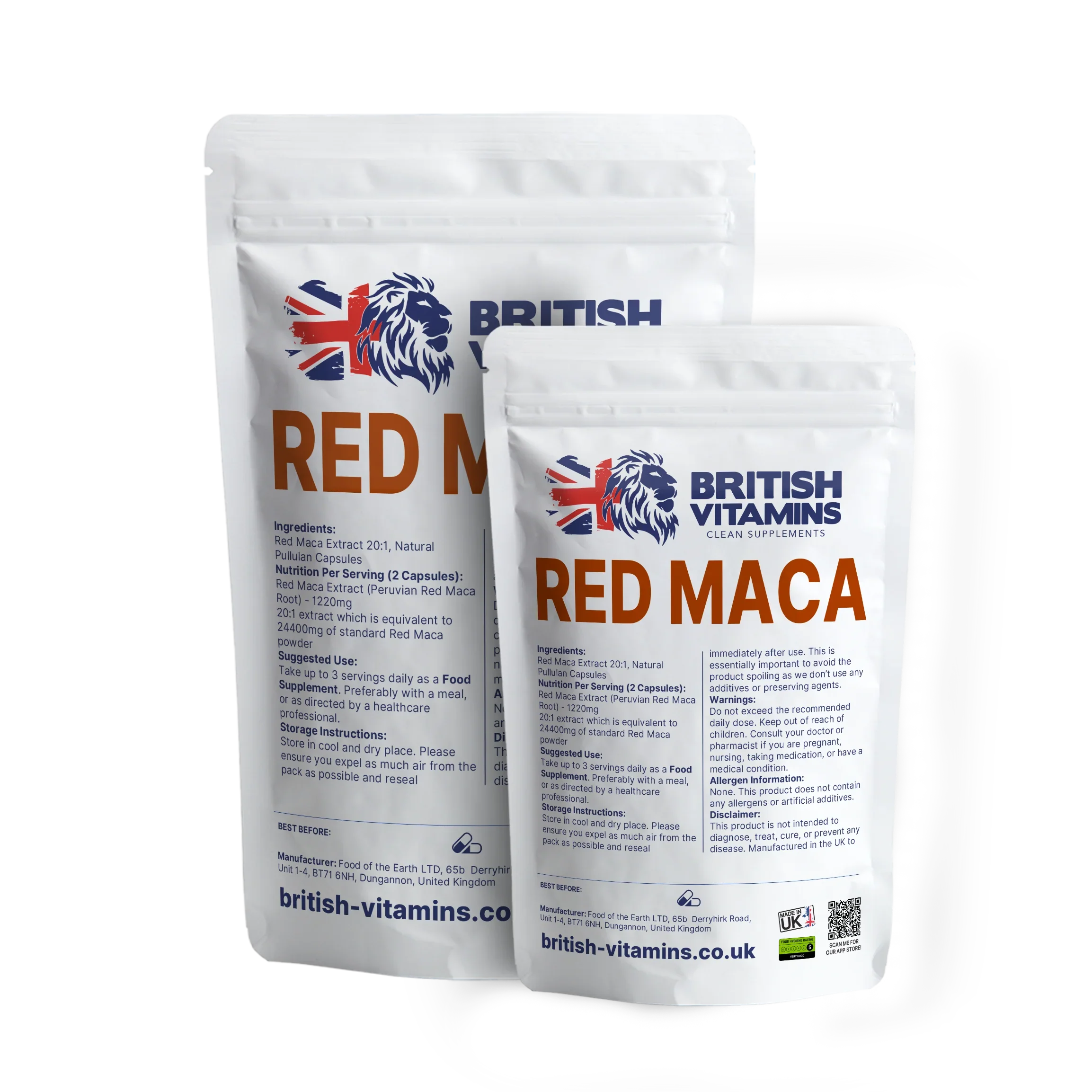 British Vitamins Red Maca food supplement capsules in white resealable pouches, natural extract product