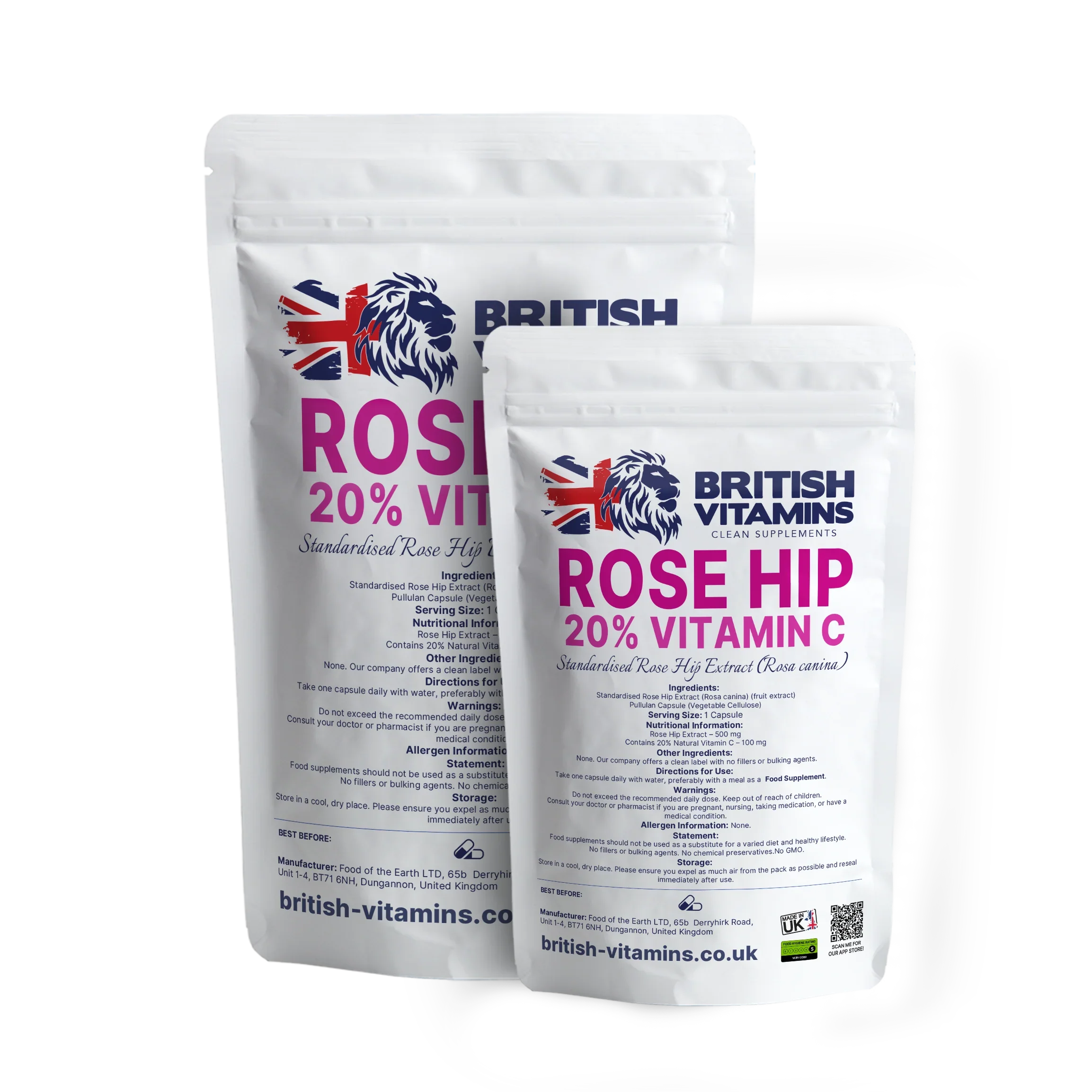 British Vitamins Rose Hip 20% Vitamin C food supplement capsules in resealable white packaging, natural vitamin C extract