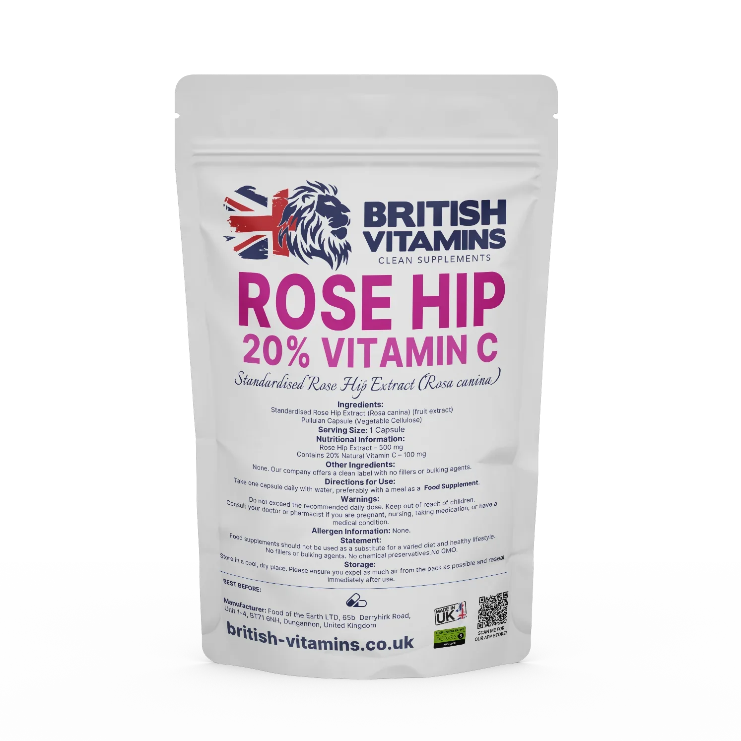 British Vitamins Rose Hip 20% Vitamin C food supplement capsules package, clean supplements