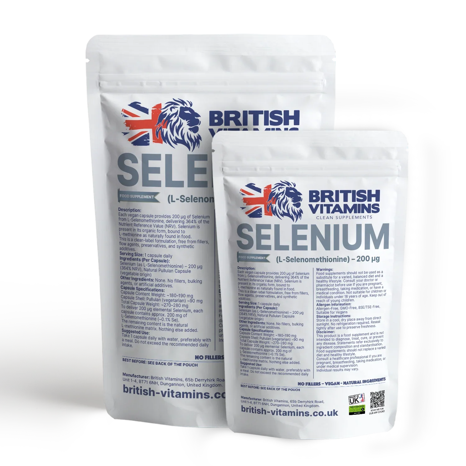 British Vitamins Selenium food supplement vegan capsules in white resealable pouches