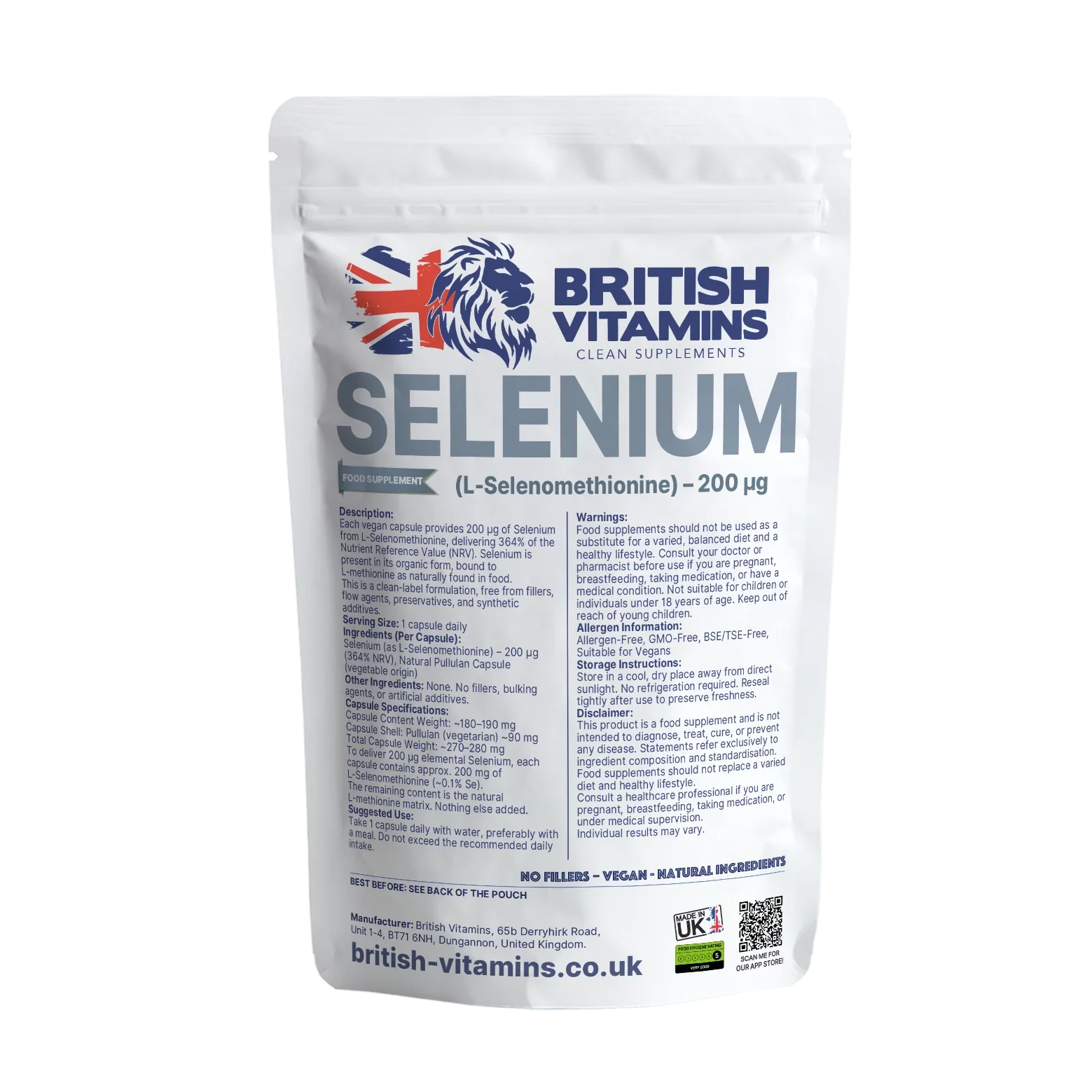British Vitamins Selenium food supplement pouch with 5 capsules, part of clean supplements collection