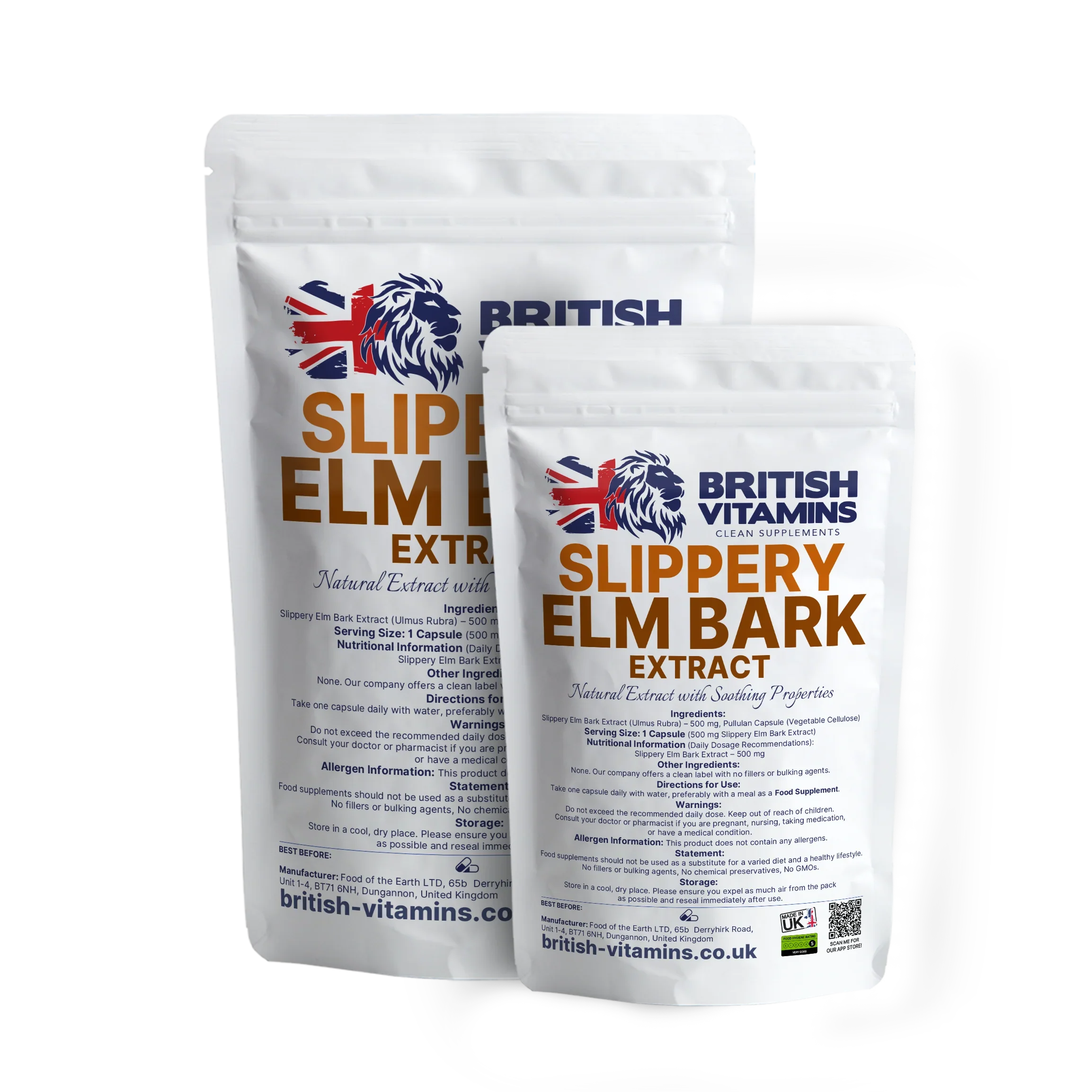 British Vitamins Slippery Elm Bark Extract food supplement pouch in two sizes, natural extract capsules