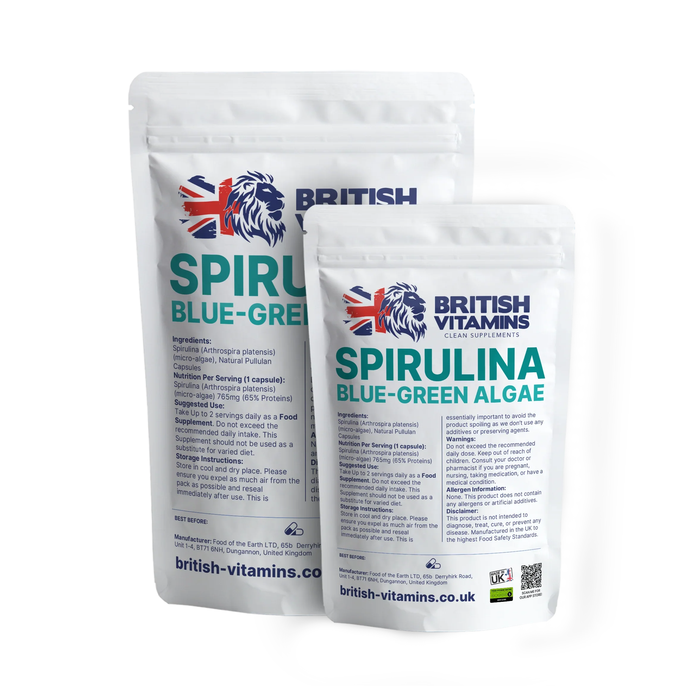 British Vitamins Spirulina Blue-Green Algae capsules food supplement in resealable white pouches