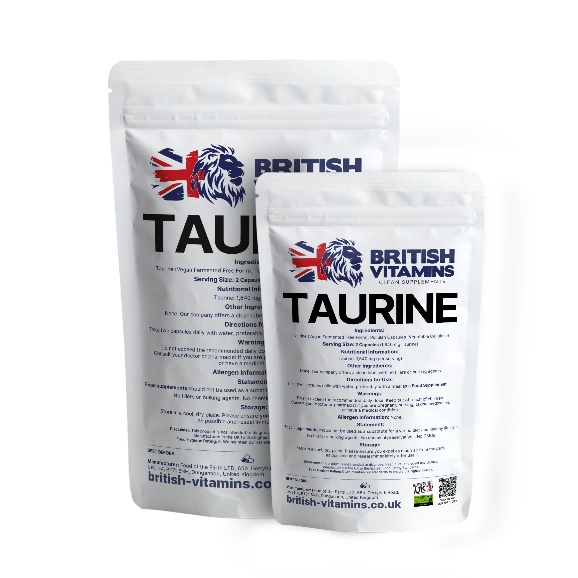 British Vitamins Taurine food supplement capsules in white packaging, clean supplements category