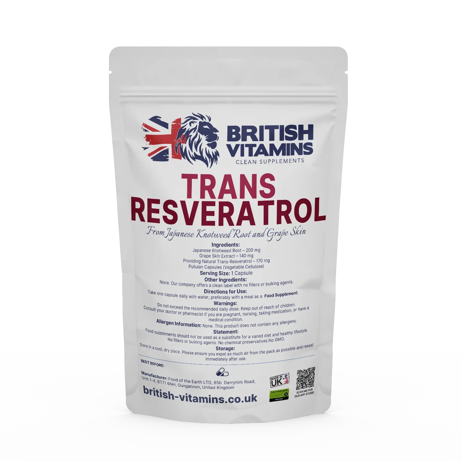 British Vitamins Trans Resveratrol food supplement pouch from Japanese Knotweed Root and Grape Skin extract