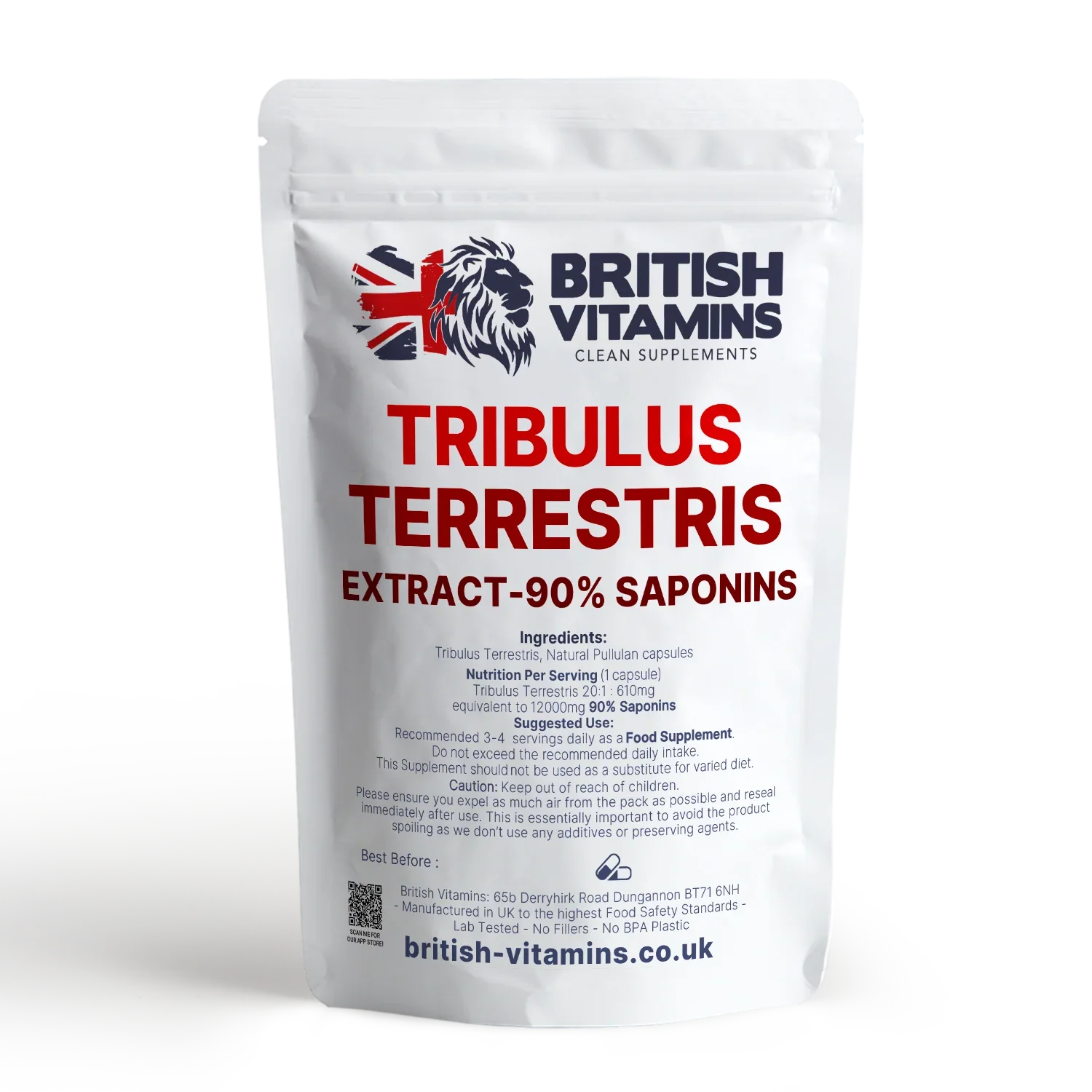 British Vitamins Tribulus Terrestris food supplement with 90% saponins in resealable pouch, natural capsules