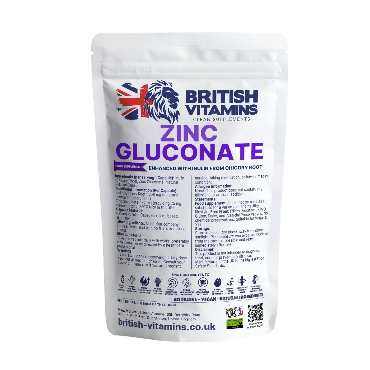 British Vitamins Zinc Gluconate food supplement pouch with natural ingredients and vegan capsule