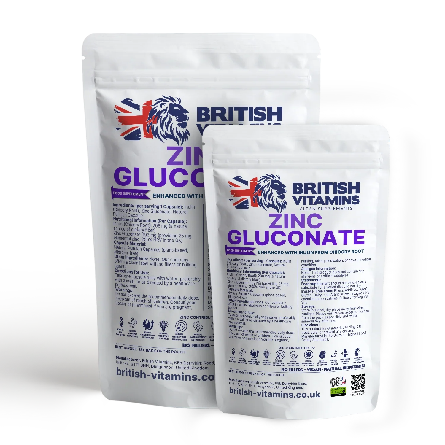 British Vitamins Zinc Gluconate food supplement packets, natural zinc capsules collection