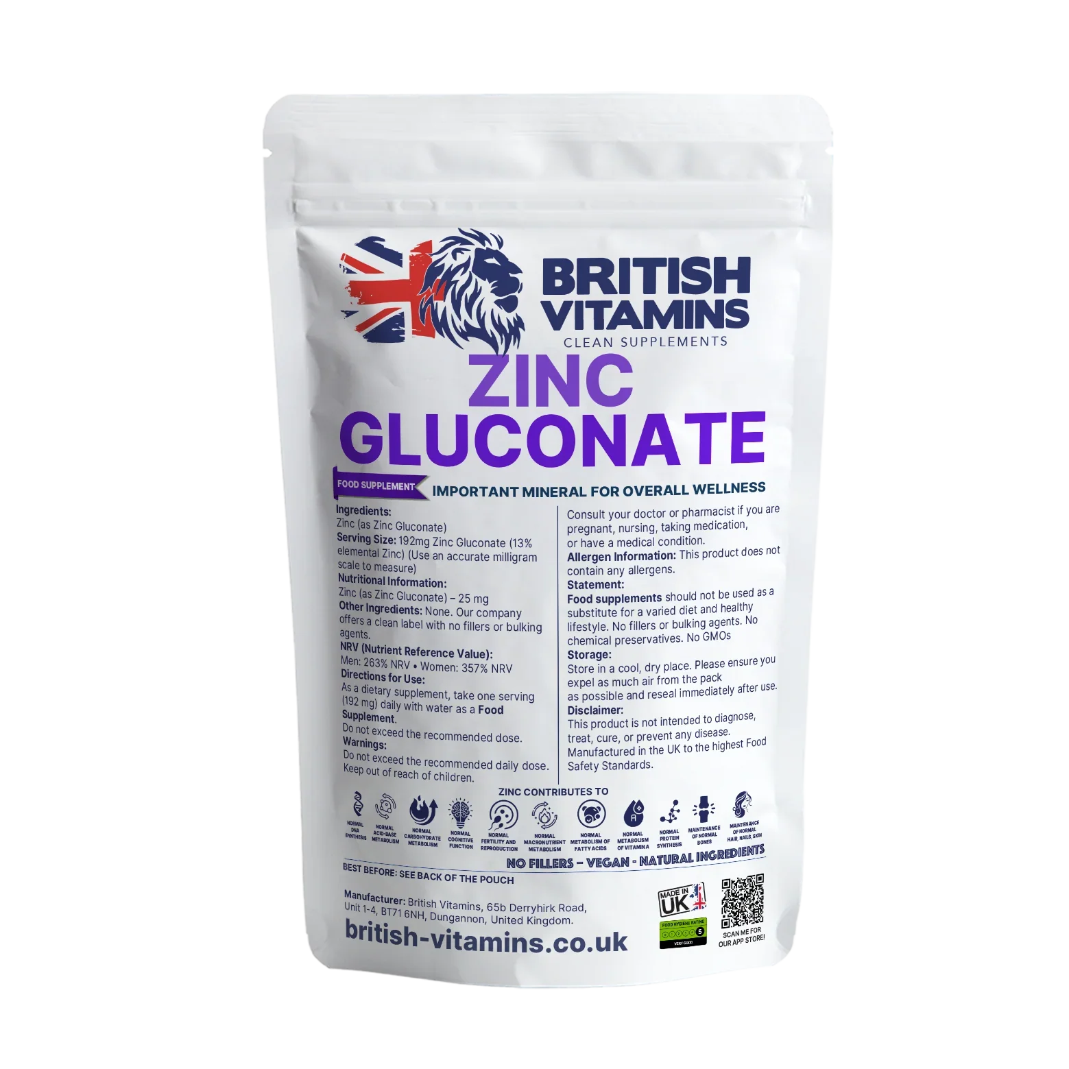 British Vitamins Zinc Gluconate food supplement pouch from clean supplements collection