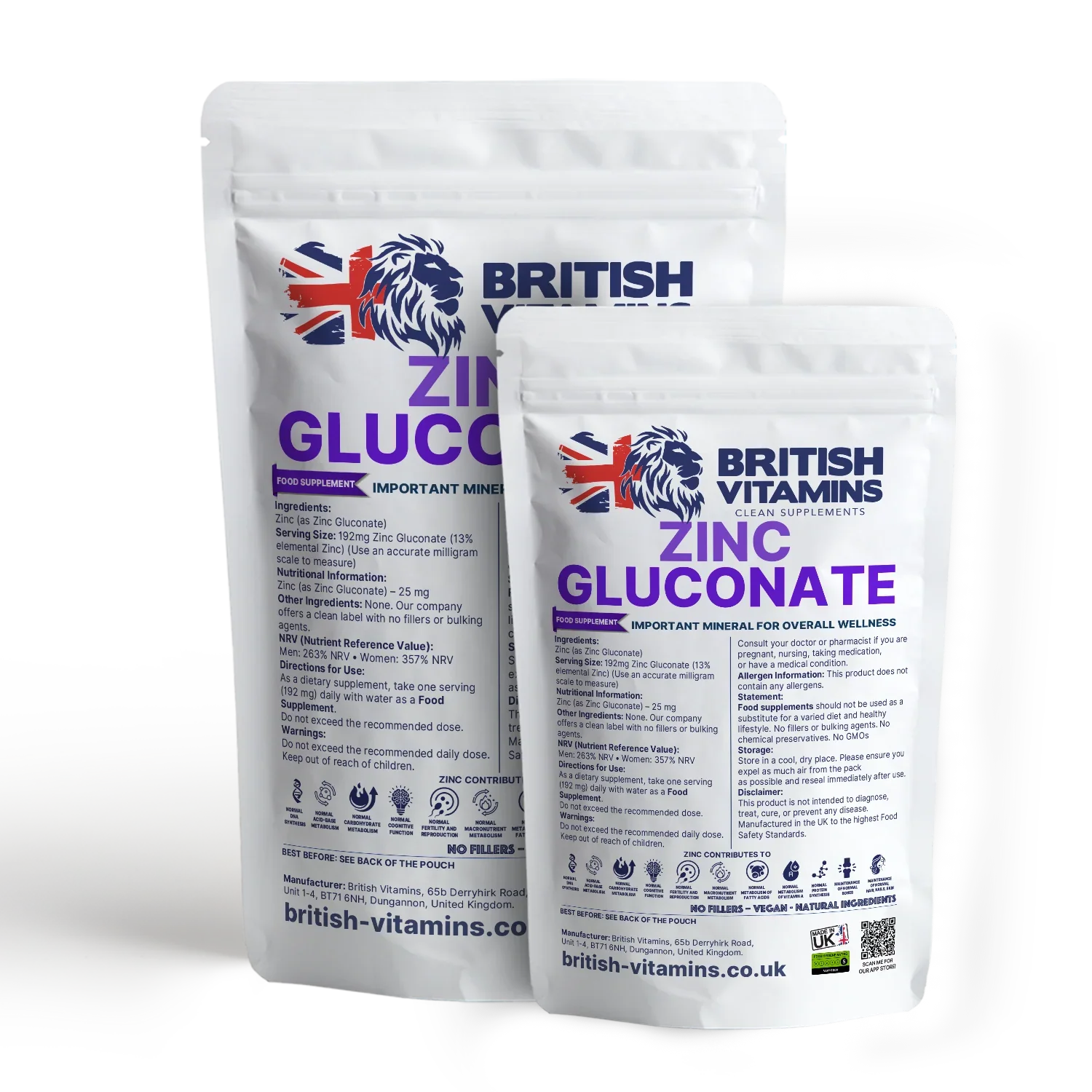 British Vitamins Zinc Gluconate food supplement pouches, mineral wellness capsules