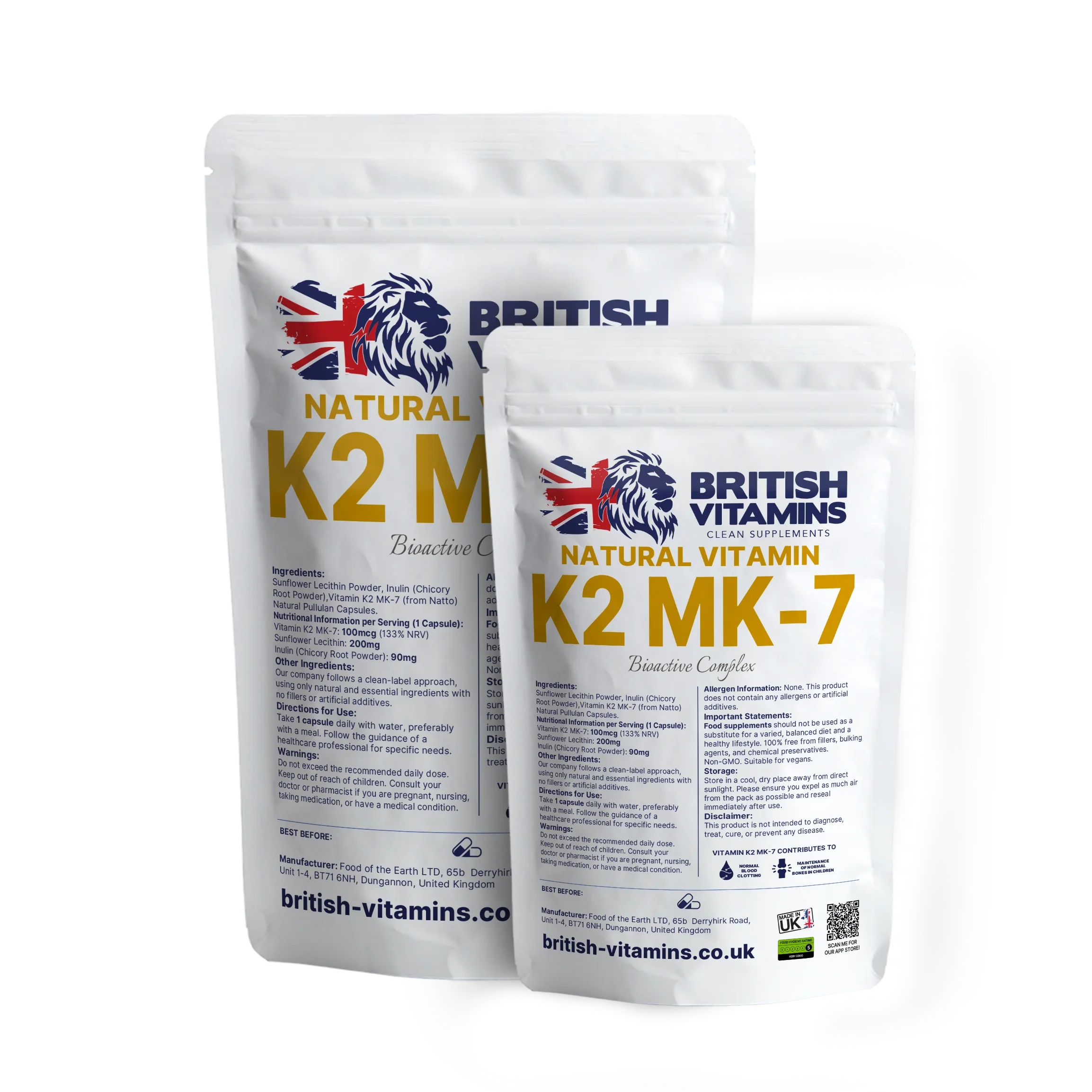British Vitamins Natural Vitamin K2 MK-7 food supplement capsules in resealable white pouches