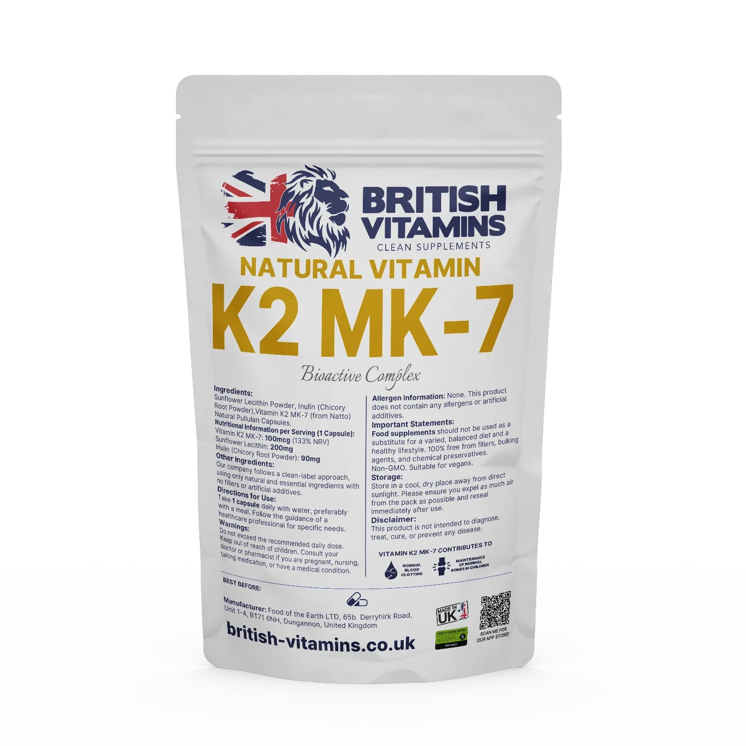 British Vitamins Natural Vitamin K2 MK-7 food supplement capsules pouch from clean supplements collection